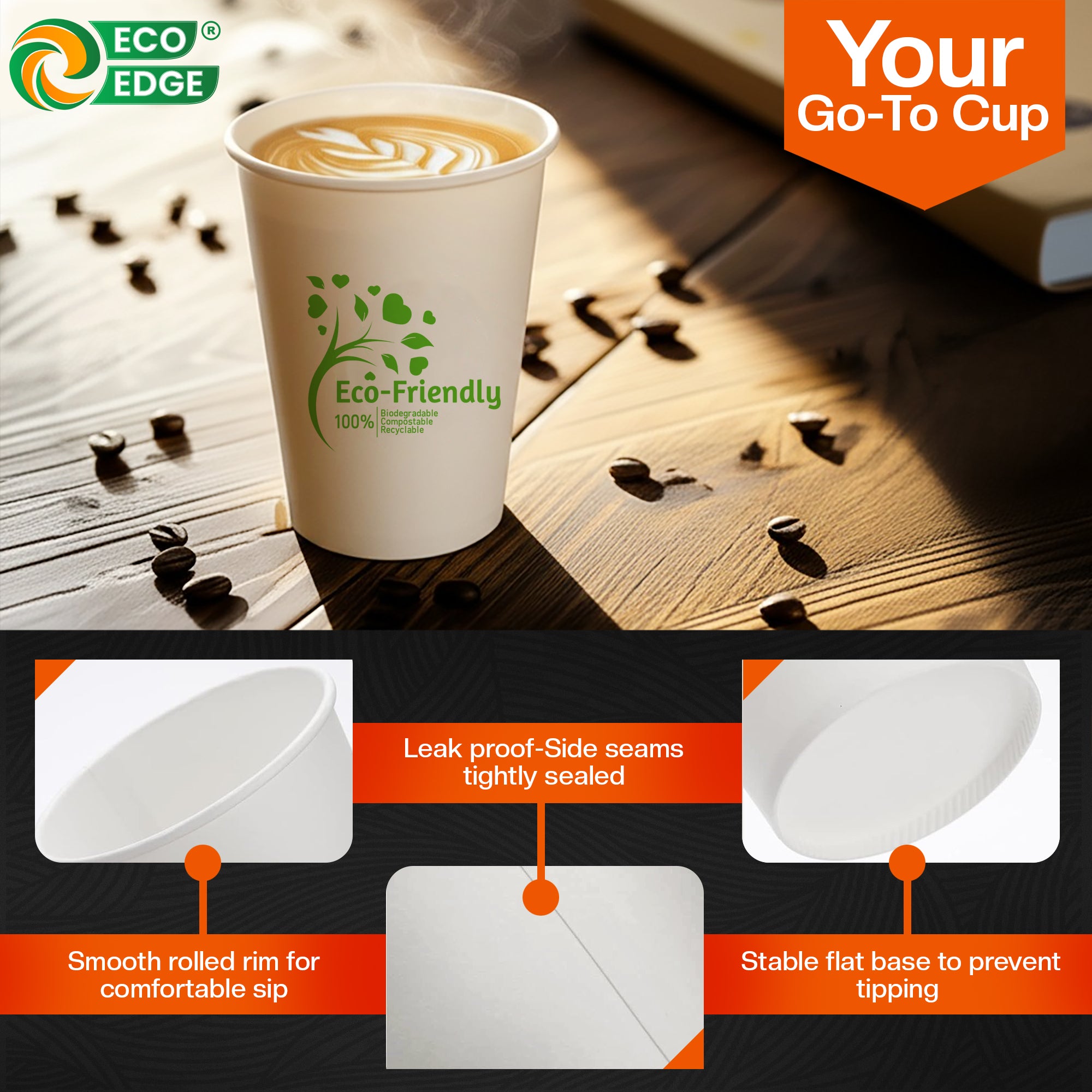 EcoEdge 12 Oz Disposable, Single Wall Paper Cups | 100% Natural