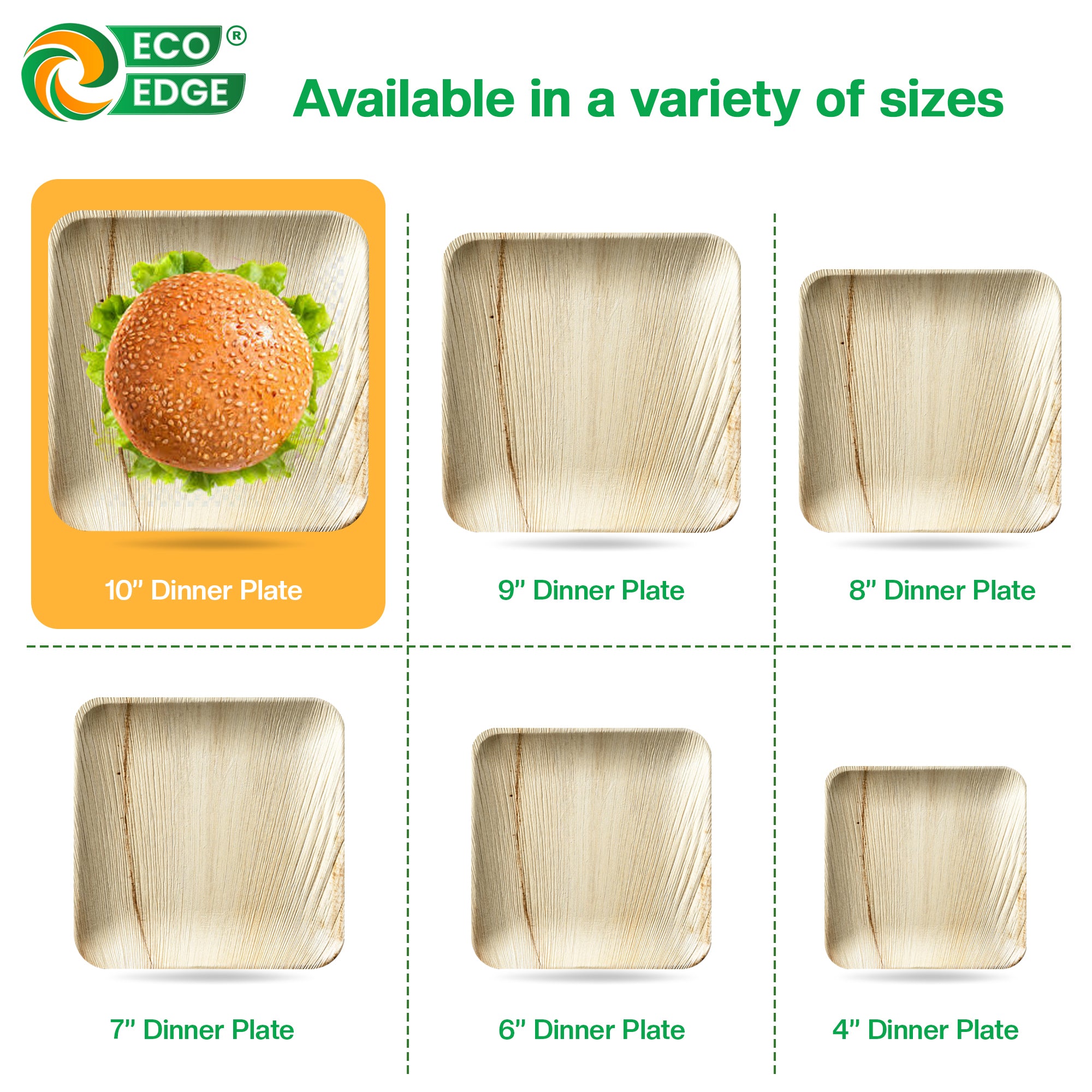 EcoEdge 10 Inch Square Areca Palm Leaf Plates | 100% Zero Waste