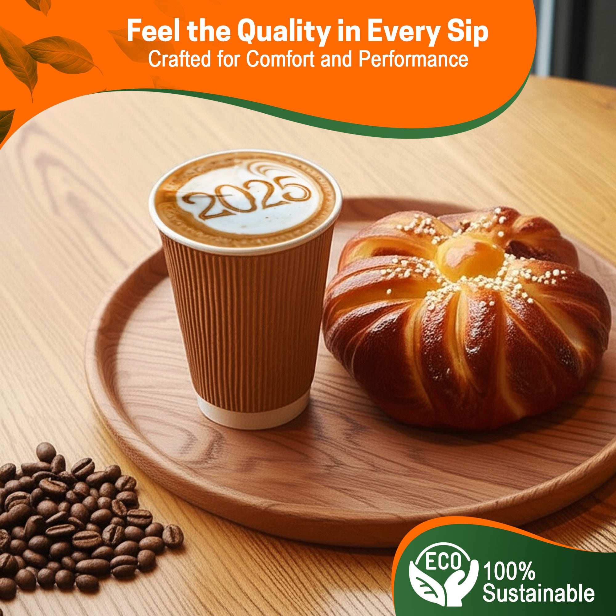 EcoEdge 12 Oz Disposable Heavy-Duty Insulated Ripple Party Paper Cups | 100% Natural (Pack of 300)