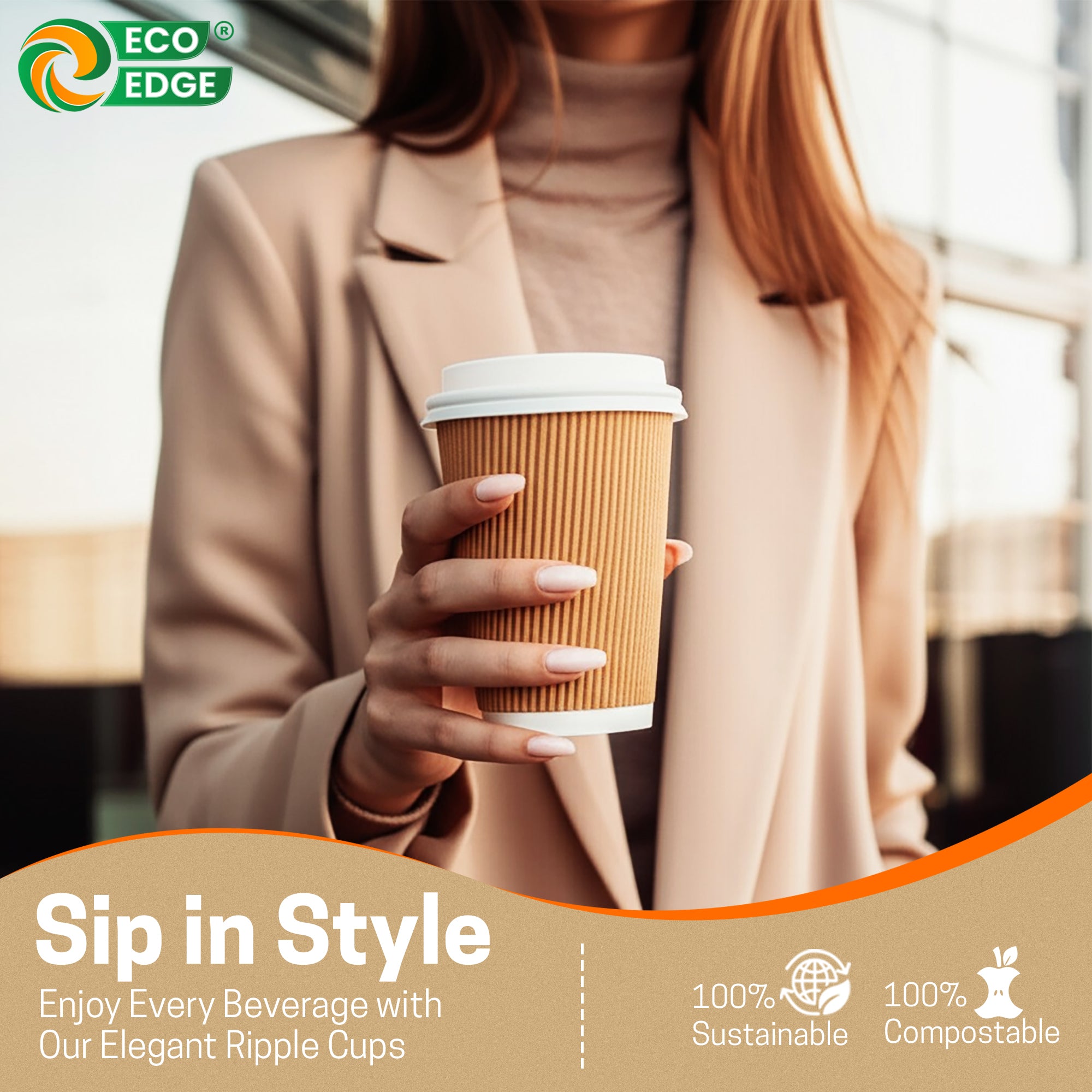 EcoEdge 12 Oz Disposable Heavy-Duty Insulated Ripple Party Paper Cups | 100% Natural