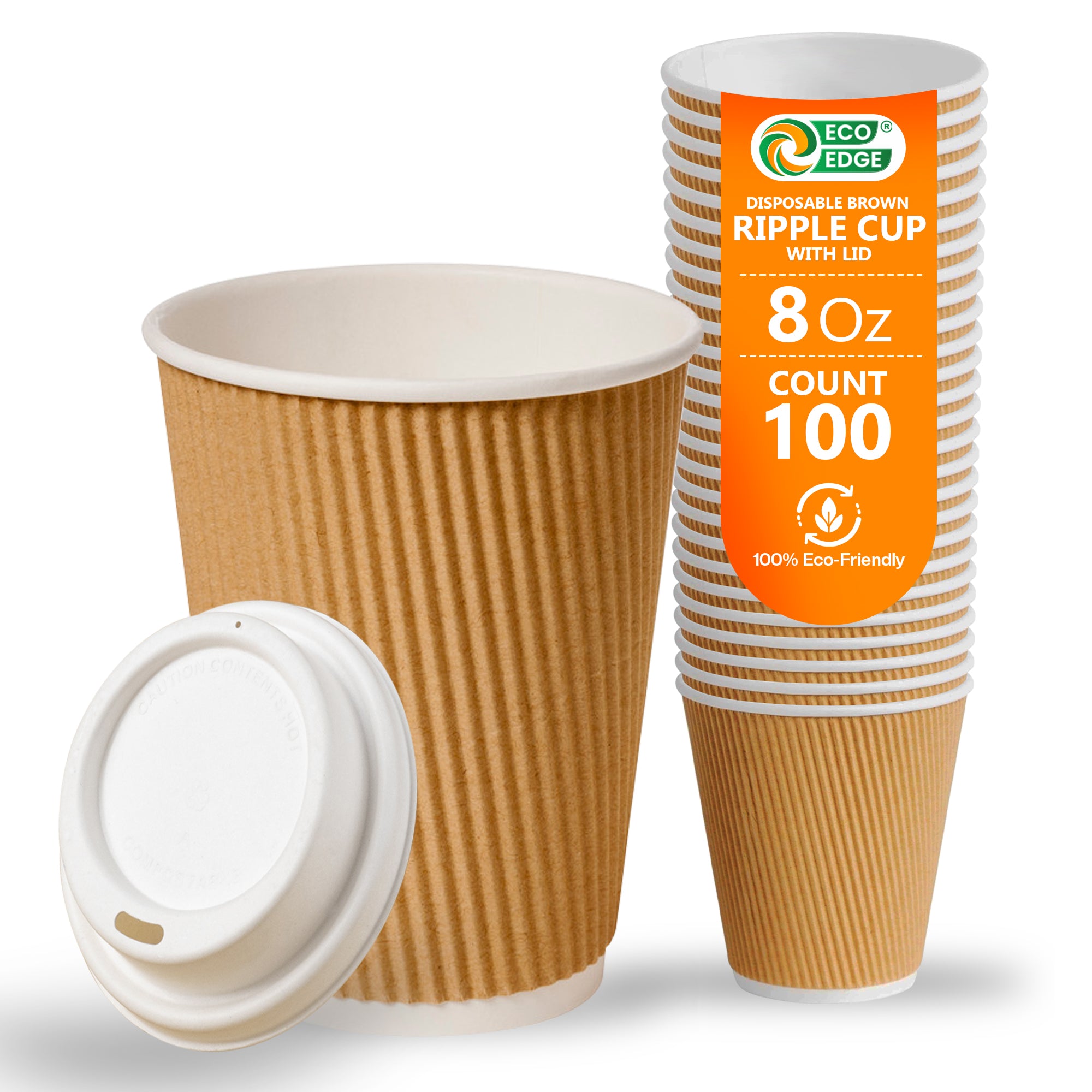EcoEdge 8 Oz Brown Disposable Heavy-Duty, Triple Wall Ripple Party Paper Cups | 100% Organic