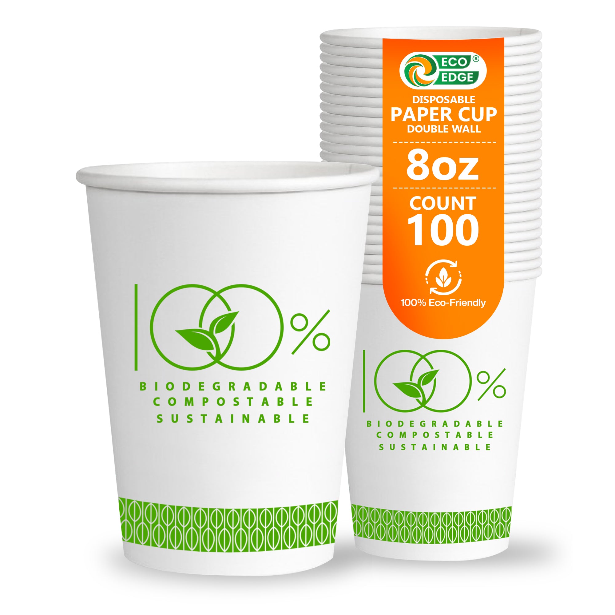 EcoEdge 8 Oz Disposable Double Wall Heavy-Duty Party Paper Cups | 100% Organic