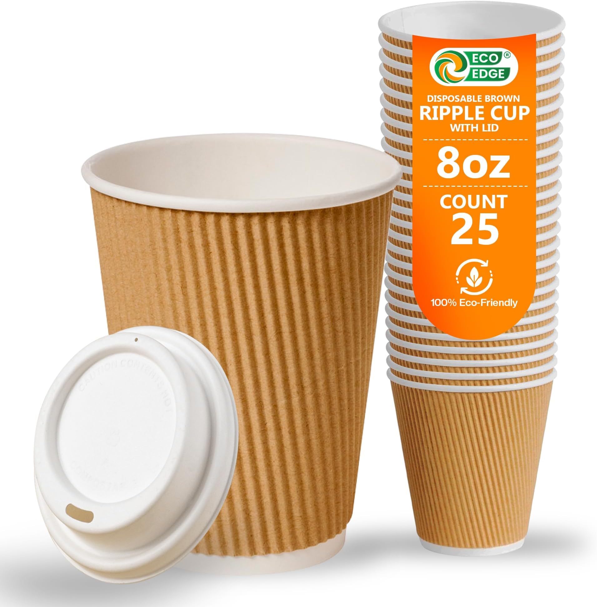 EcoEdge 8 Oz Brown Disposable Heavy-Duty, Triple Wall Ripple Party Paper Cups | 100% Organic