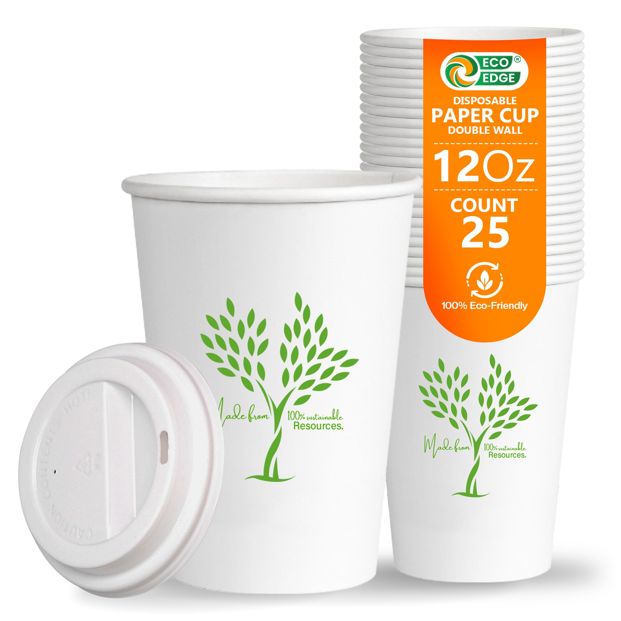 EcoEdge 12 Oz Disposable Heavy-Duty Insulated Party Paper Cups with Lid | 100% Organic
