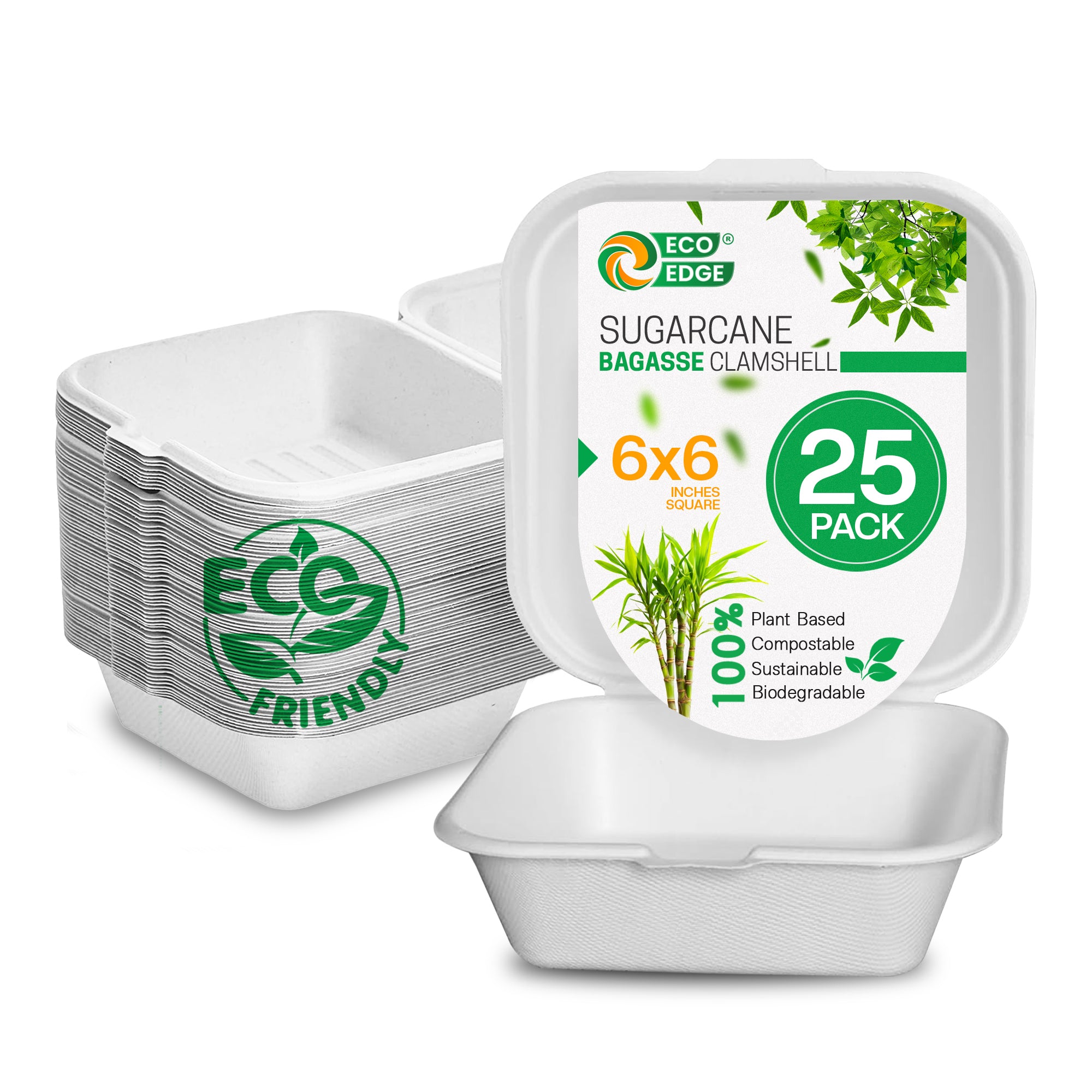 EcoEdge 6 Inch Square White Clamshell | 100% Organic