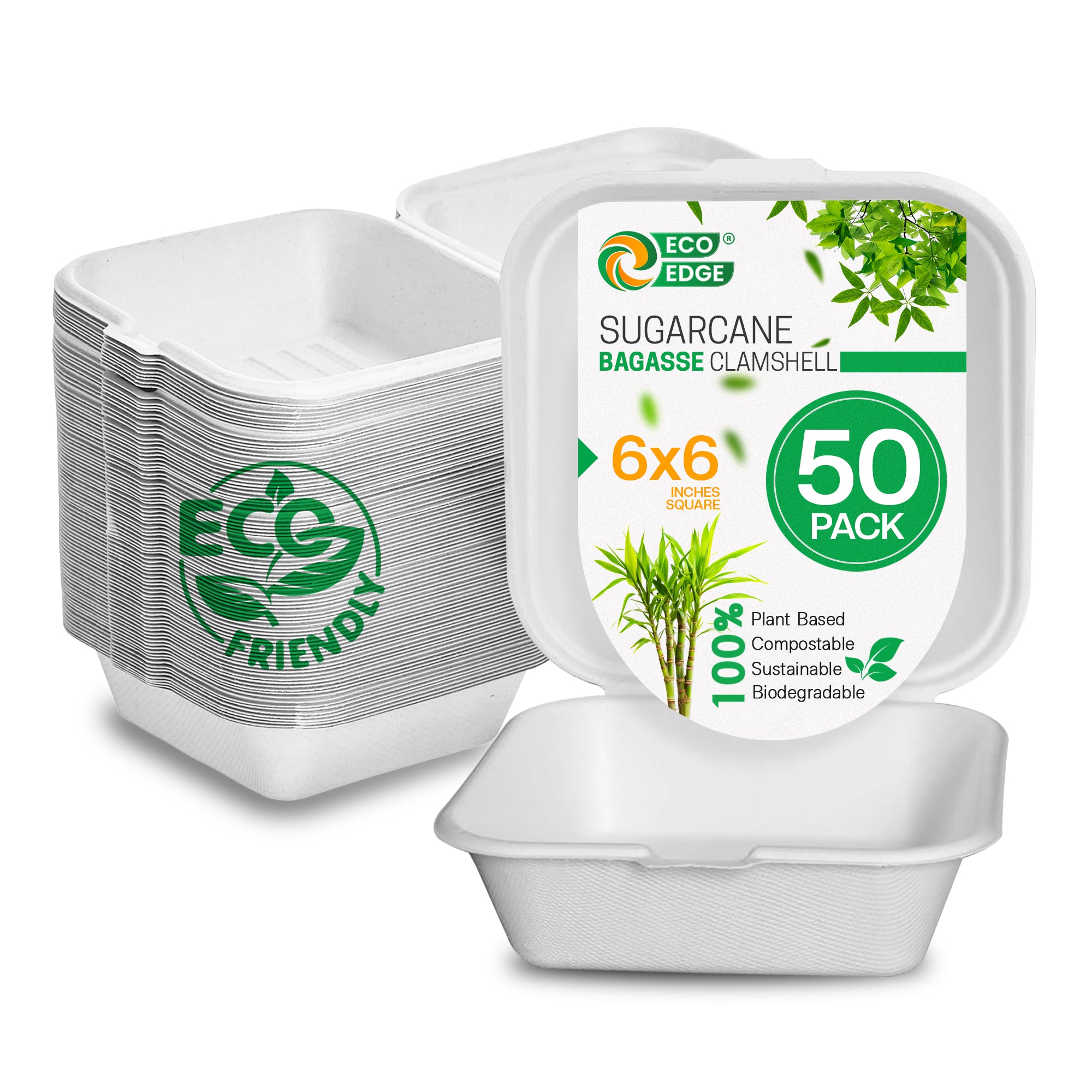 EcoEdge 6 Inch Square White Clamshell | 100% Organic