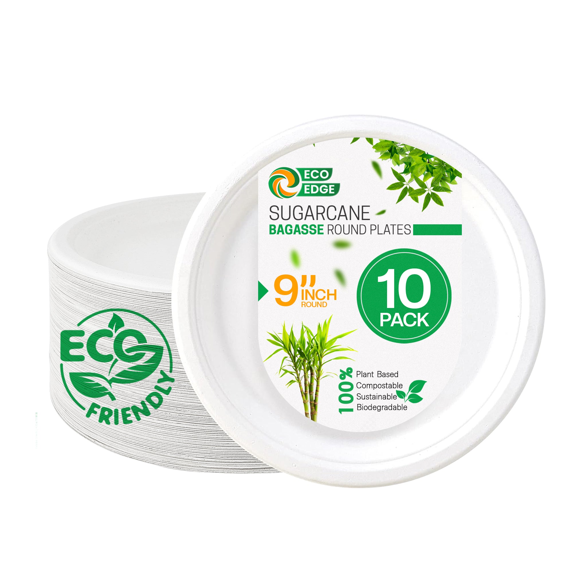 EcoEdge 9 Inch Round White Disposable Bagasse Plates | 100% Organic
