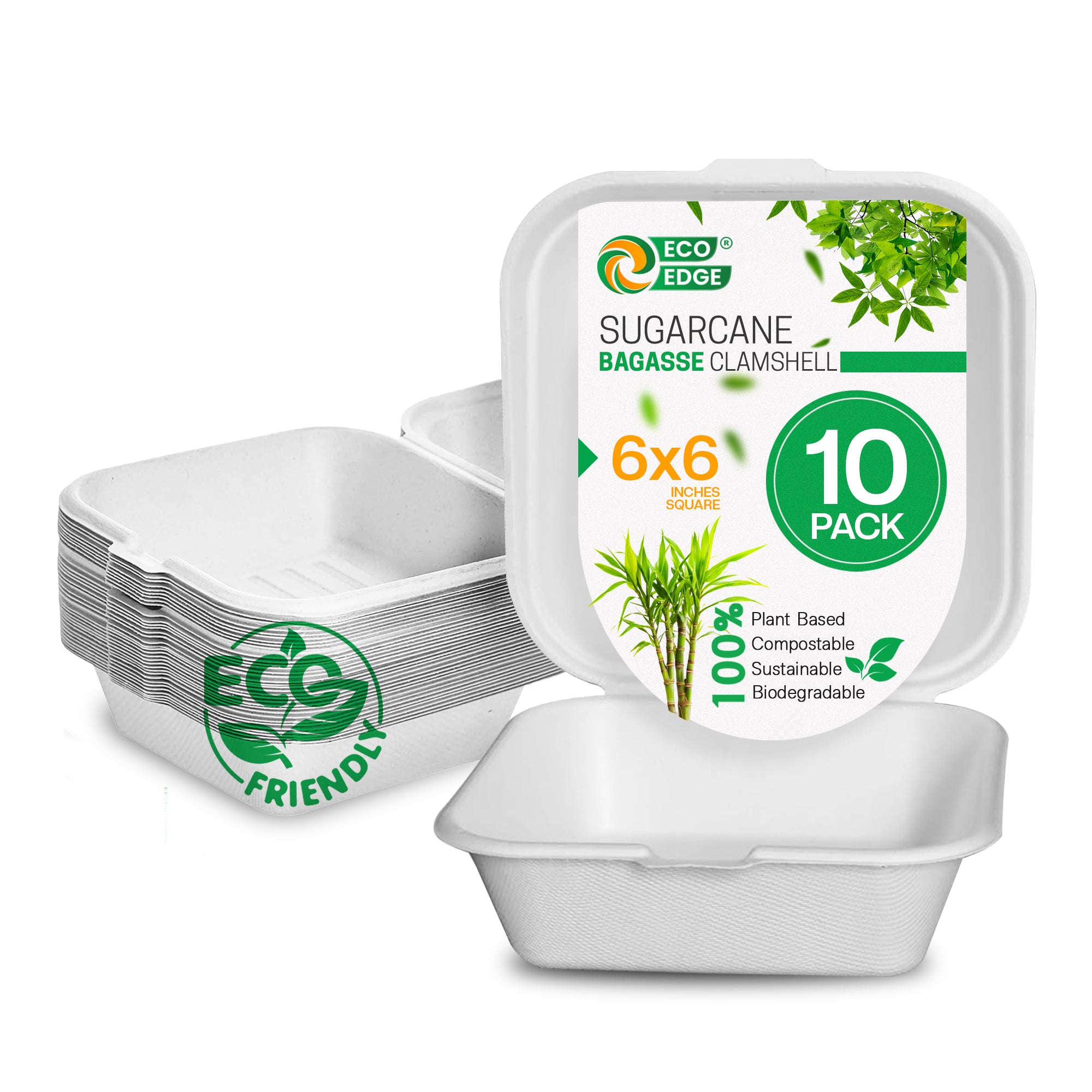 EcoEdge 6 Inch Square White Clamshell | 100% Organic