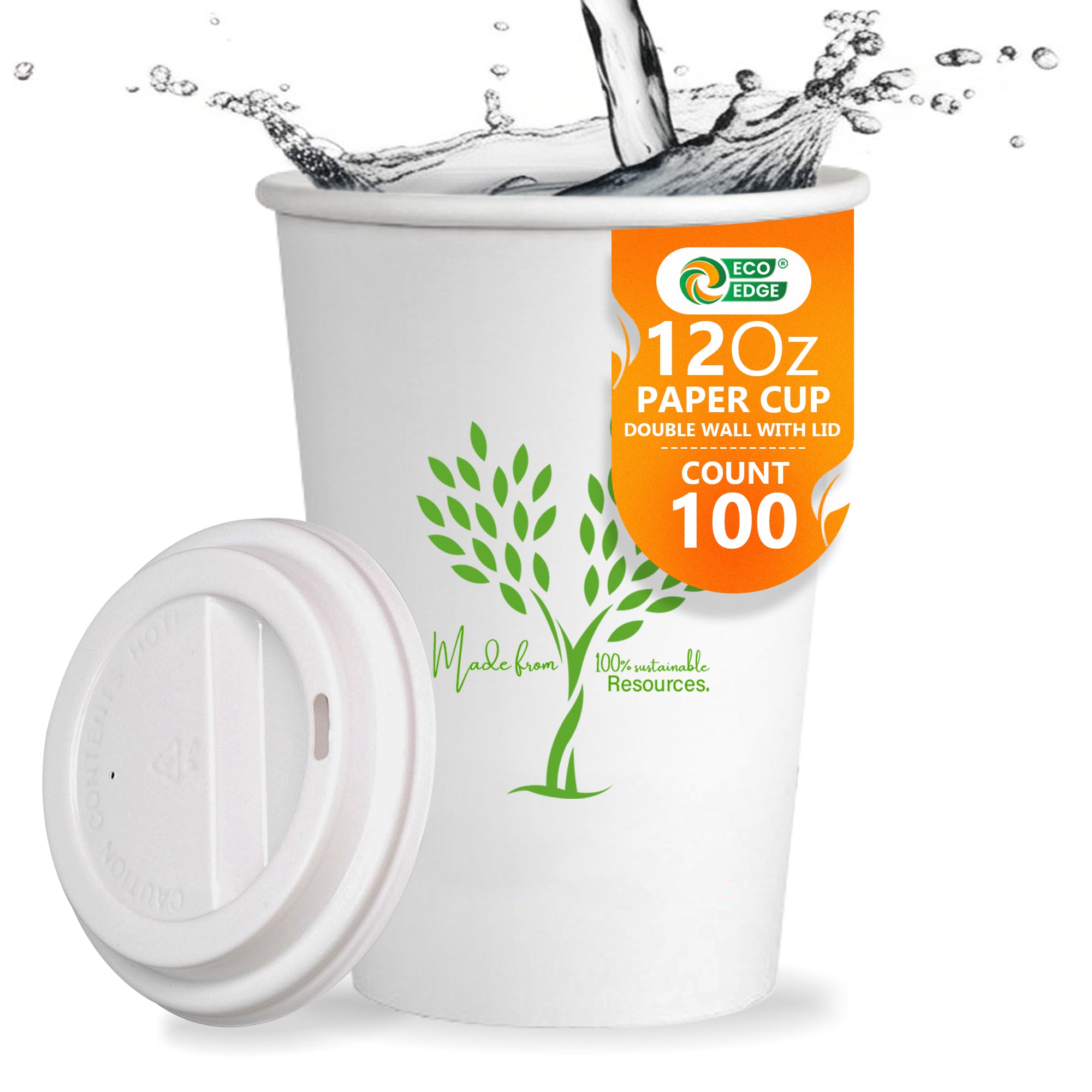 EcoEdge 12 Oz Disposable Heavy-Duty Insulated Party Paper Cups with Lid | 100% Organic