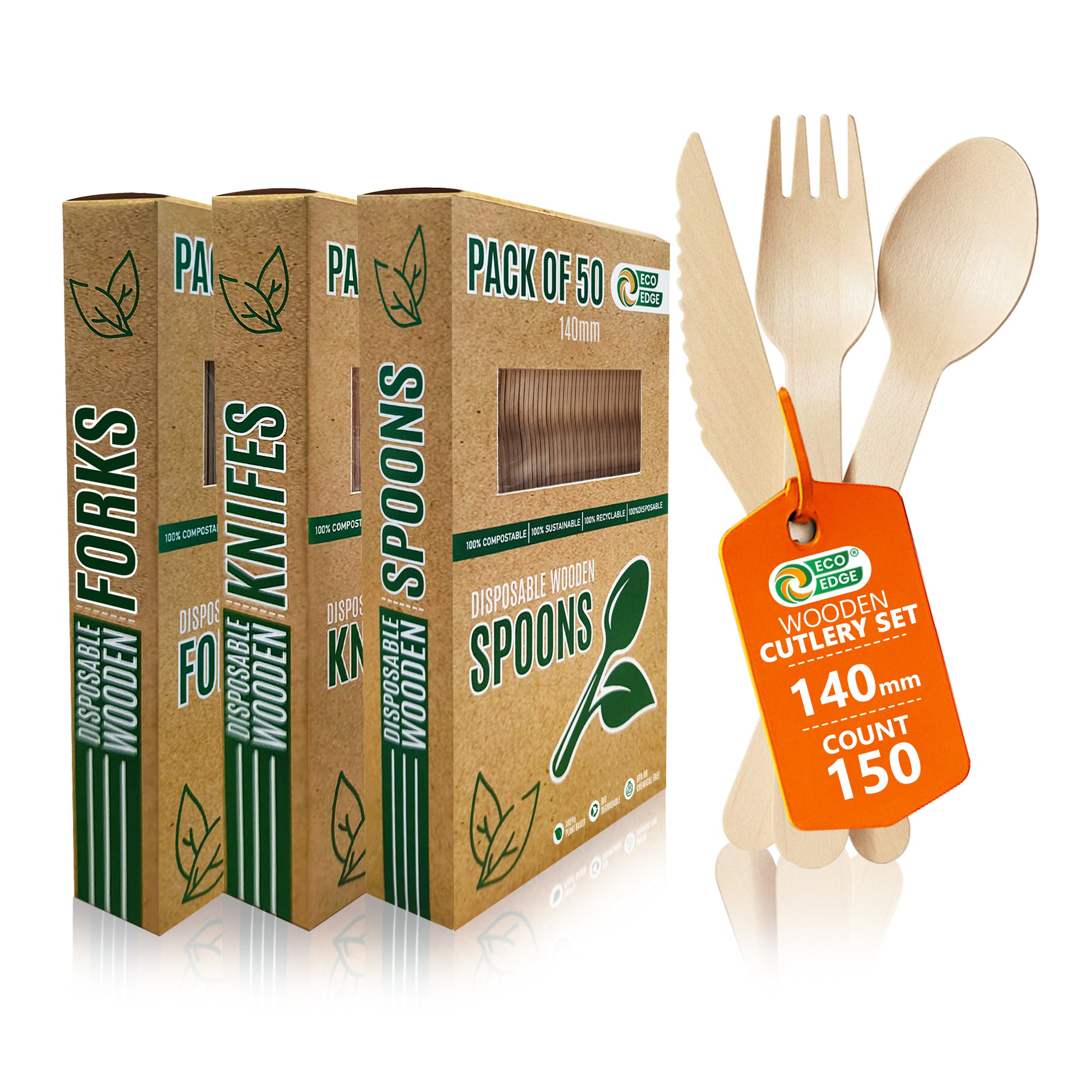 Eco Edge Wooden Cutlery Set | Spoon, Fork & Knife | Compostable & Plant-Based