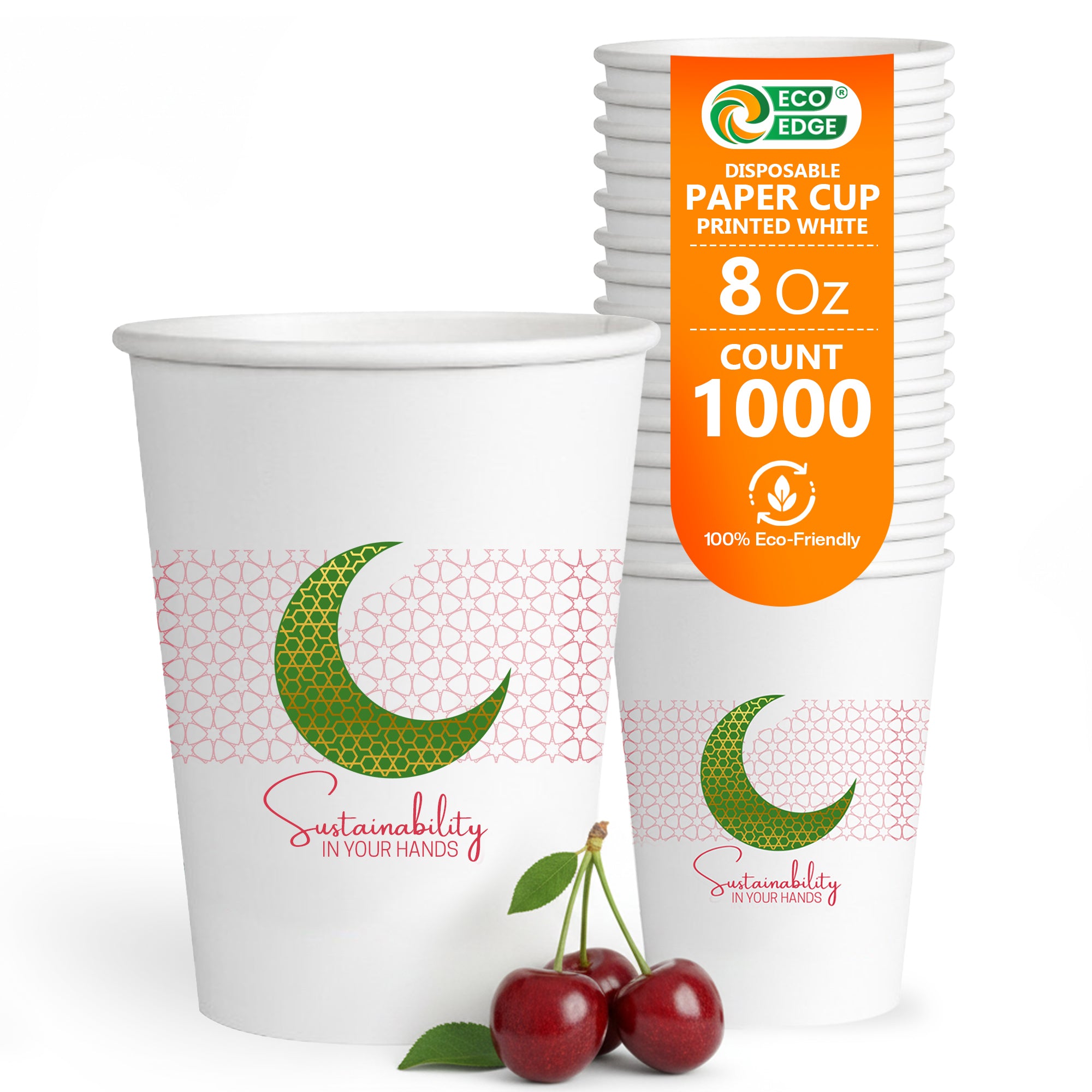 EcoEdge 8 Oz Ramadan Edition Heavy-Duty Paper Cups | Leakproof, Compostable & Eco-Friendly (Pack of 1000)