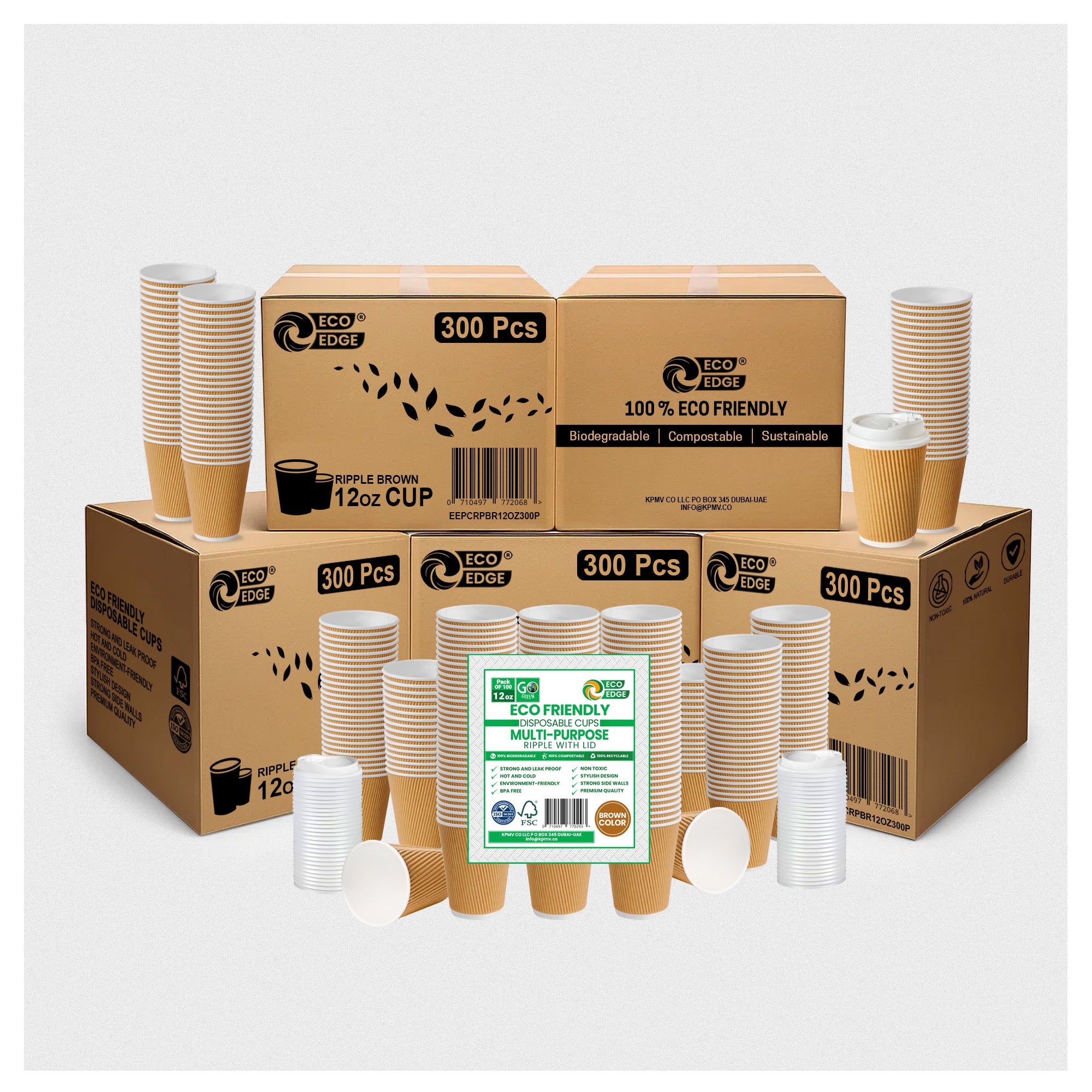 EcoEdge 12 Oz Disposable Heavy-Duty Insulated Ripple Party Paper Cups | 100% Natural (Pack of 300)