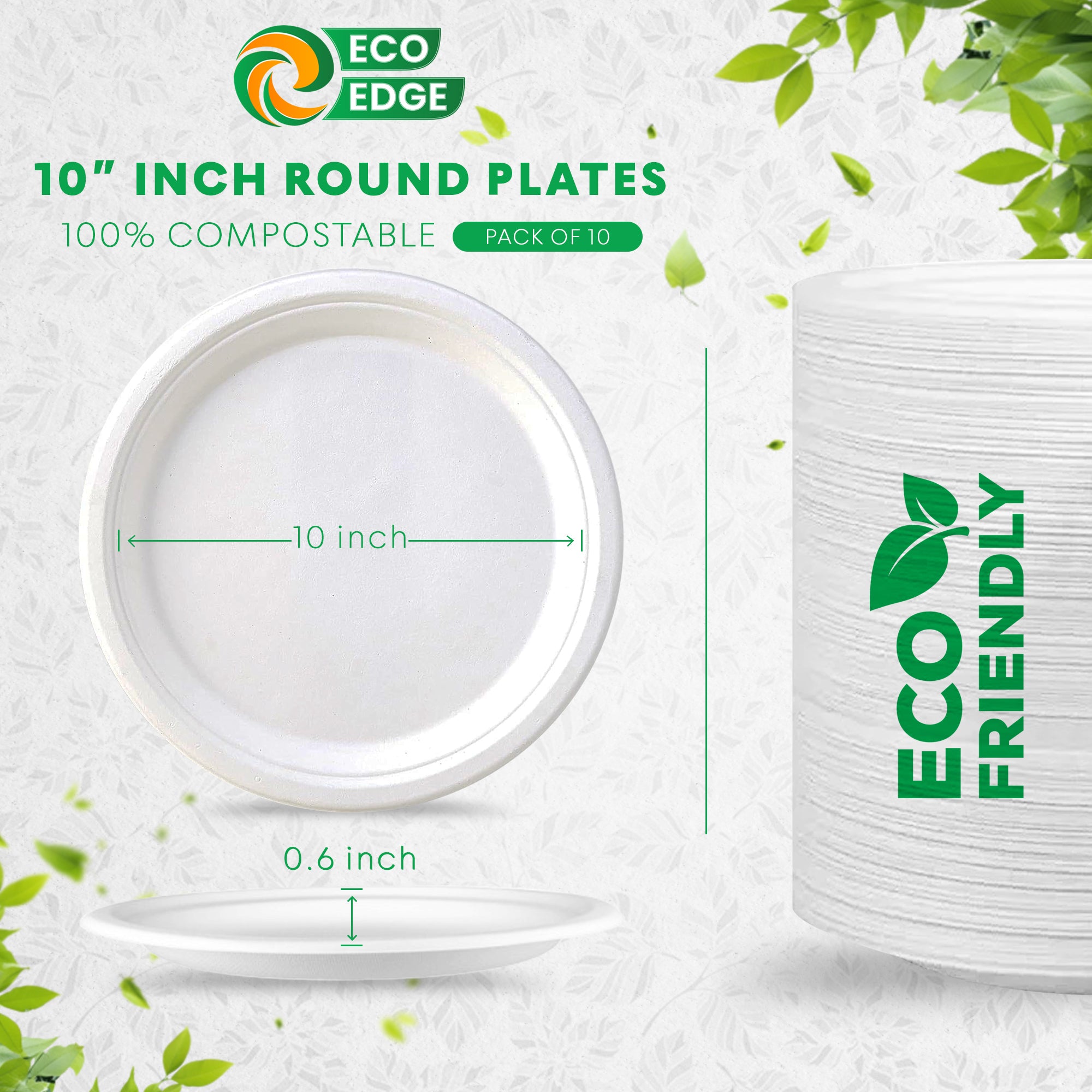 EcoEdge 10 Inch Round White Disposable Bagasse Plates | 100% Compostable