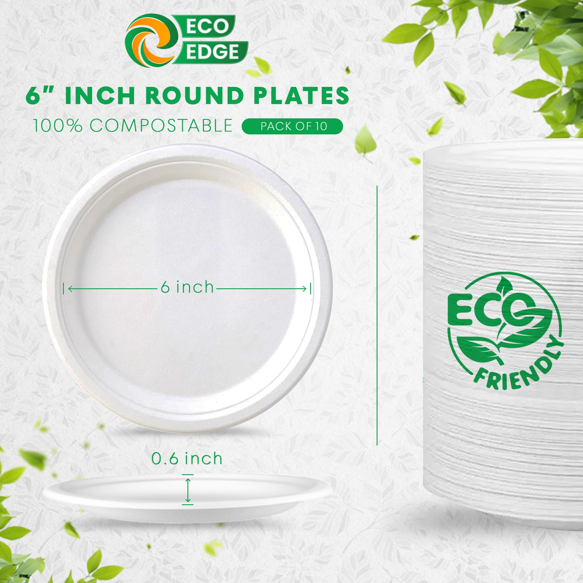 EcoEdge 6 Inch Round White Disposable Bagasse Plates | 100% Natural