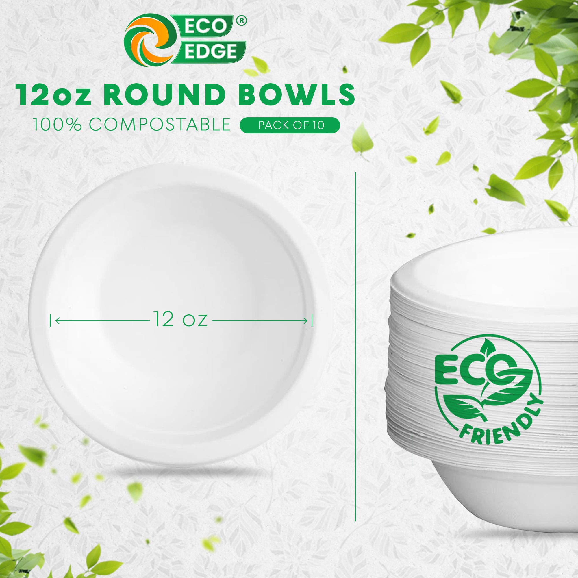 EcoEdge 12 Oz Round White Disposable Sugarcane Fiber Bowls | 100% Eco-Friendly