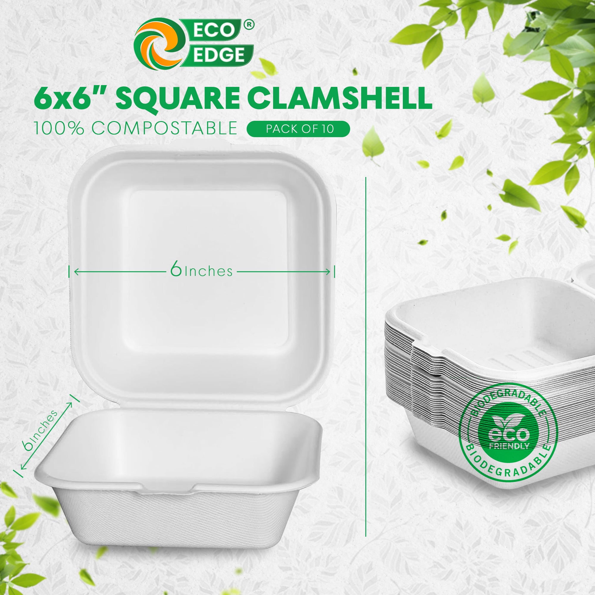 EcoEdge 6 Inch Square White Clamshell | 100% Organic
