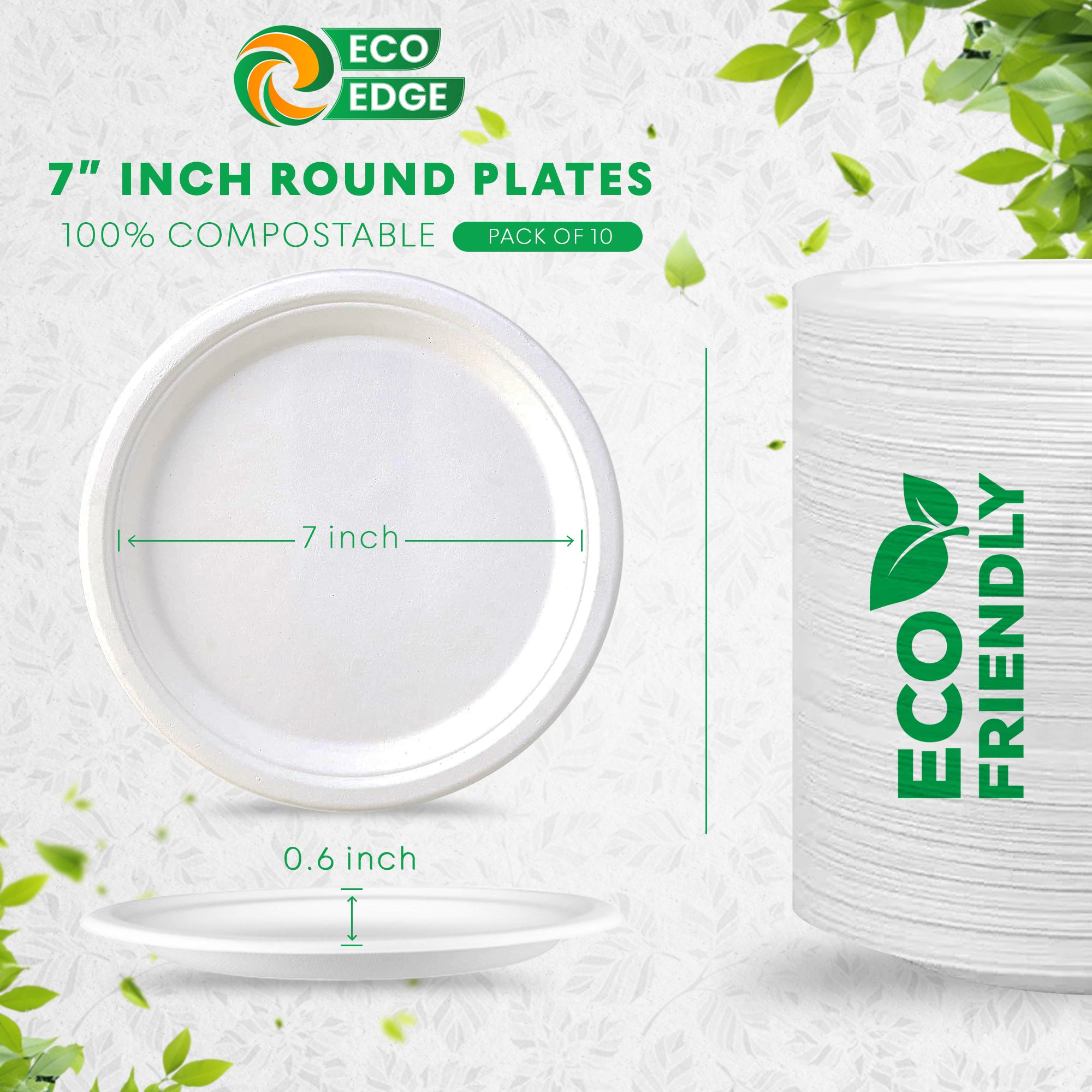 EcoEdge 7 Inch Round White Disposable Bagasse Plates | 100% Compostable