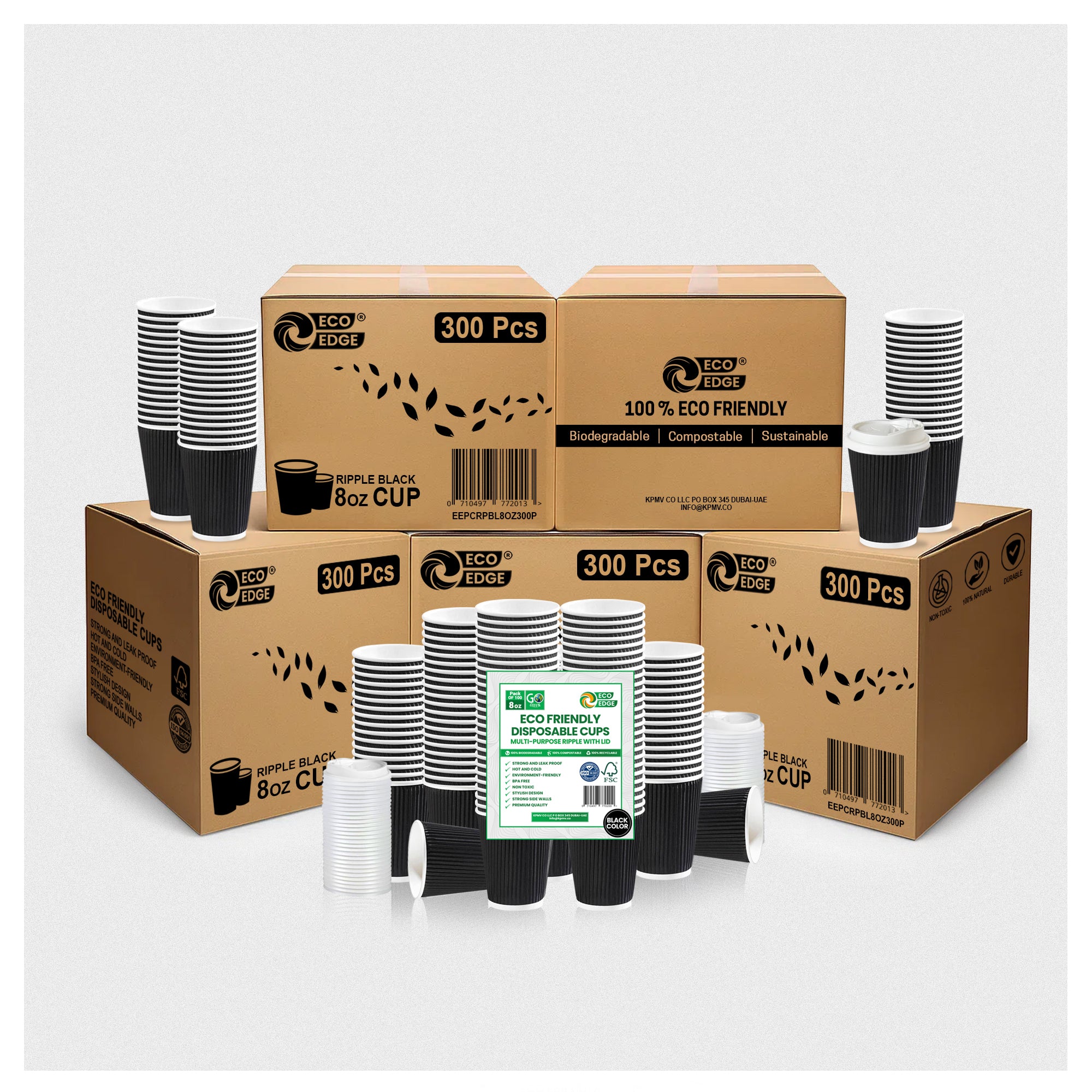 EcoEdge 8 Oz Disposable Heavy-Duty Black Ripple Cups | 100% Compostable (Pack of 300)