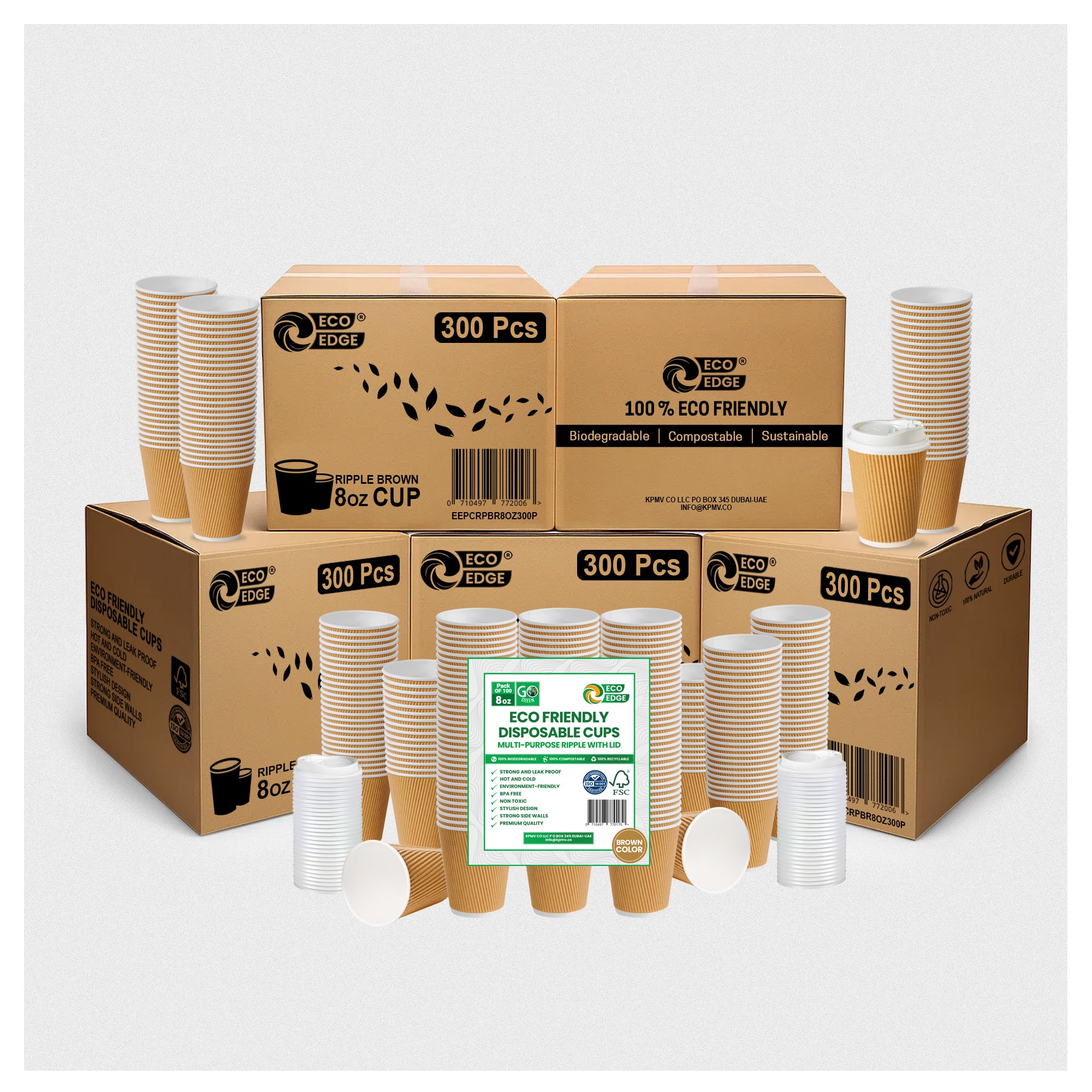 EcoEdge 8 Oz Brown Disposable Heavy-Duty, Triple Wall Ripple Party Paper Cups | 100% Organic (Pack of 300)