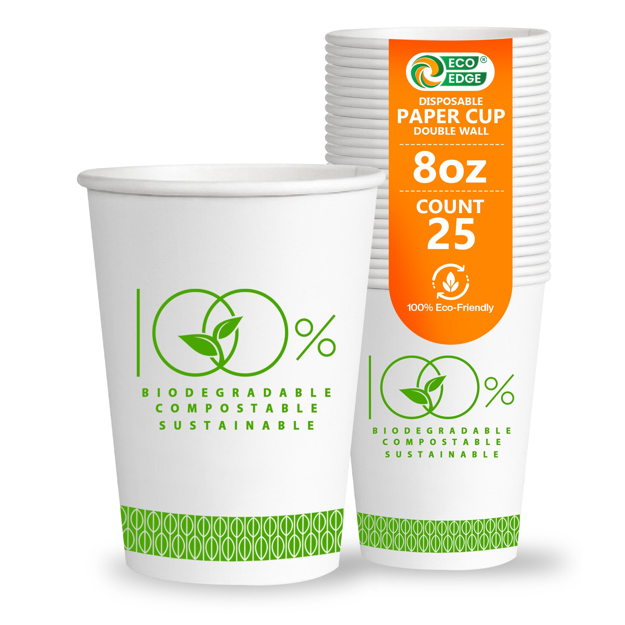 EcoEdge 8 Oz Disposable Double Wall Heavy-Duty Party Paper Cups | 100% Organic