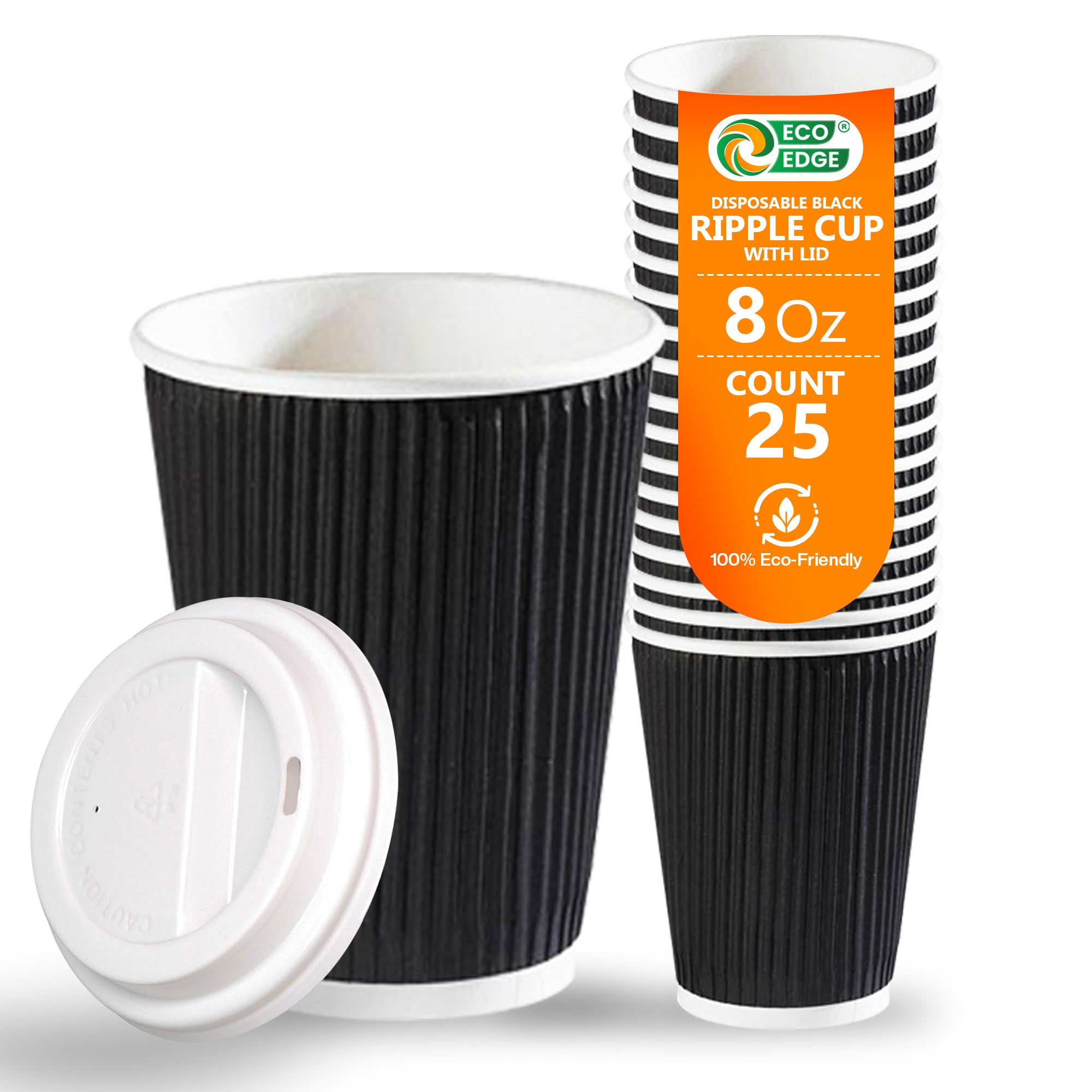 EcoEdge 8 Oz Disposable Heavy-Duty Black Ripple Cups | 100% Compostable