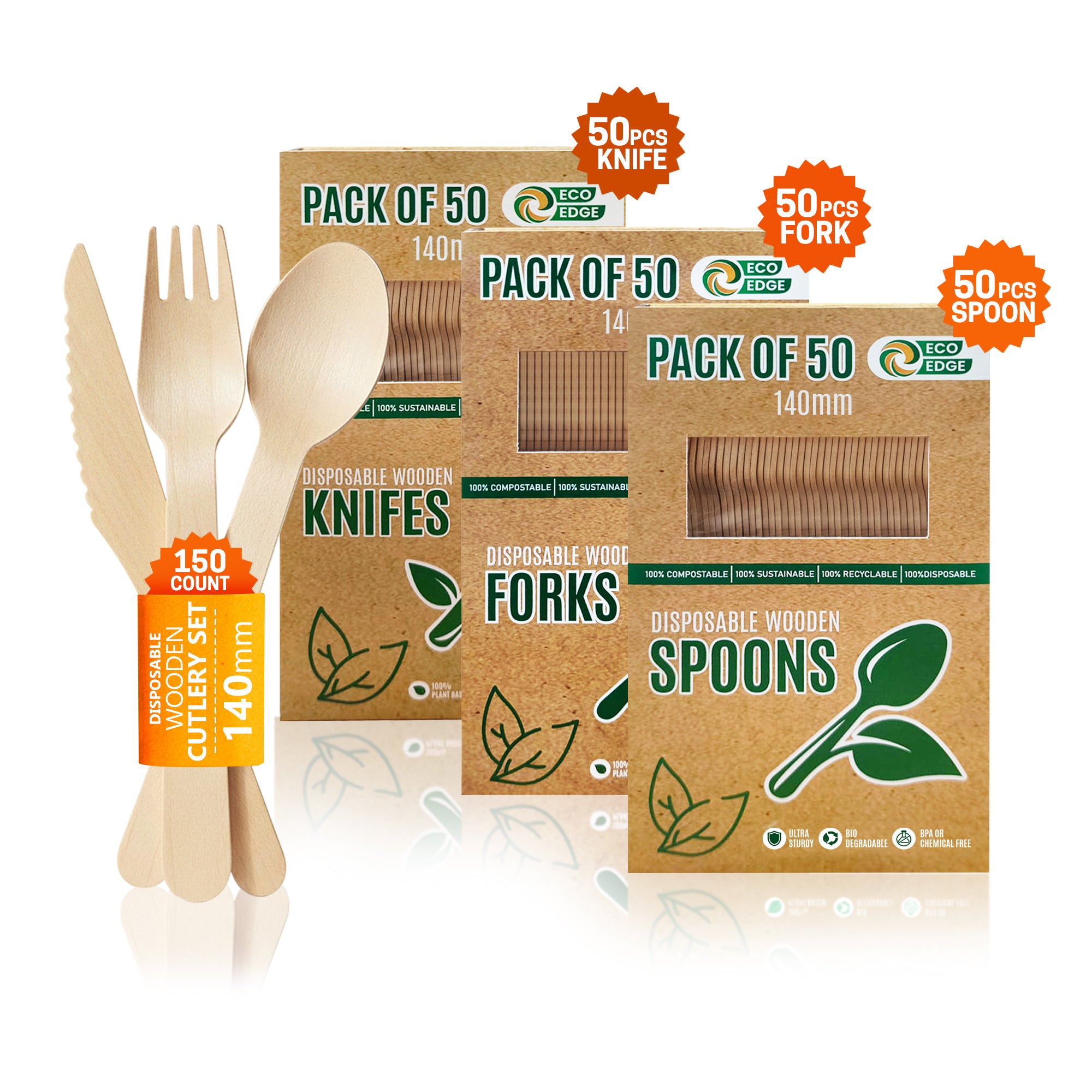Eco Edge Wooden Cutlery Set | Spoon, Fork & Knife | Compostable & Plant-Based