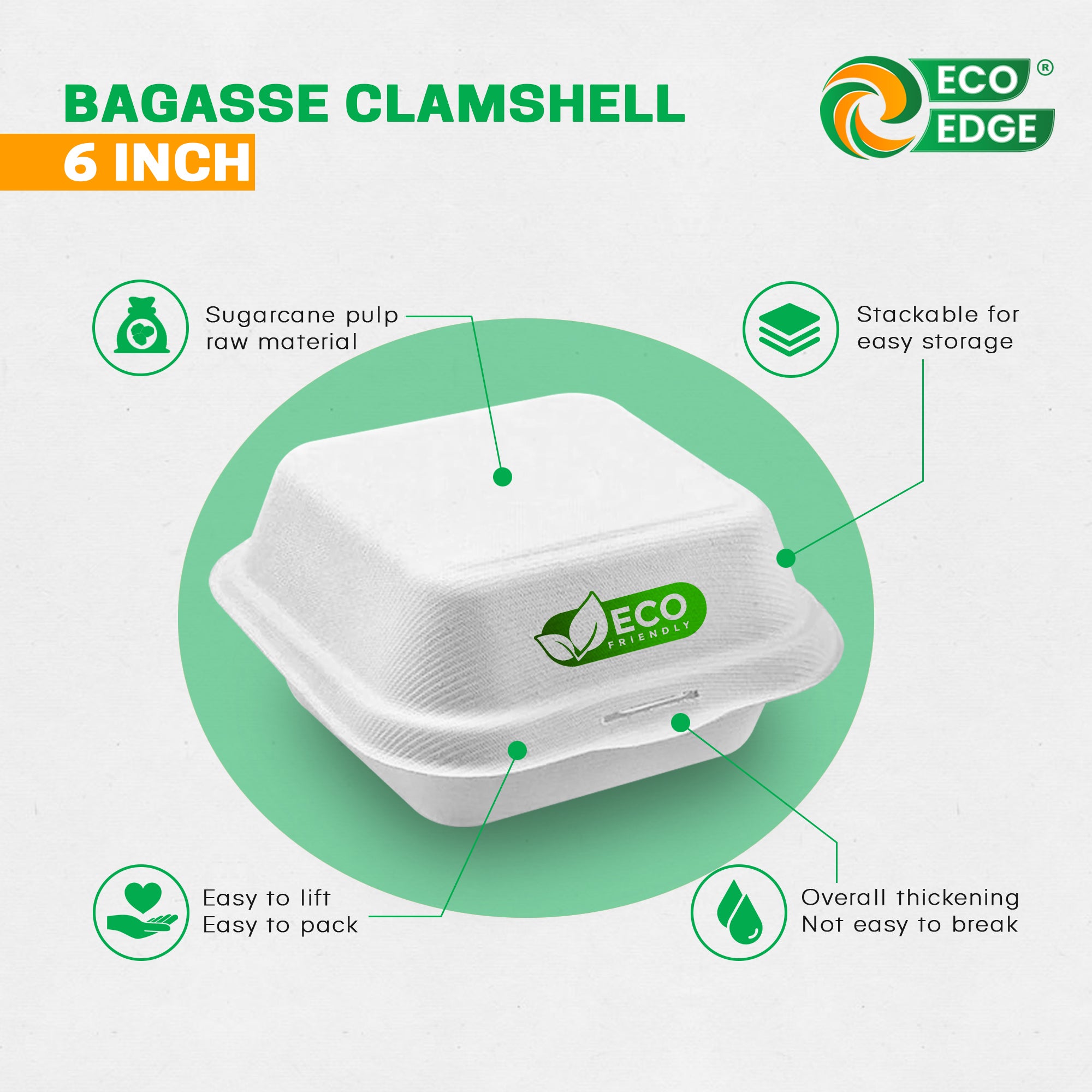 EcoEdge 6 Inch Square White Clamshell | 100% Organic