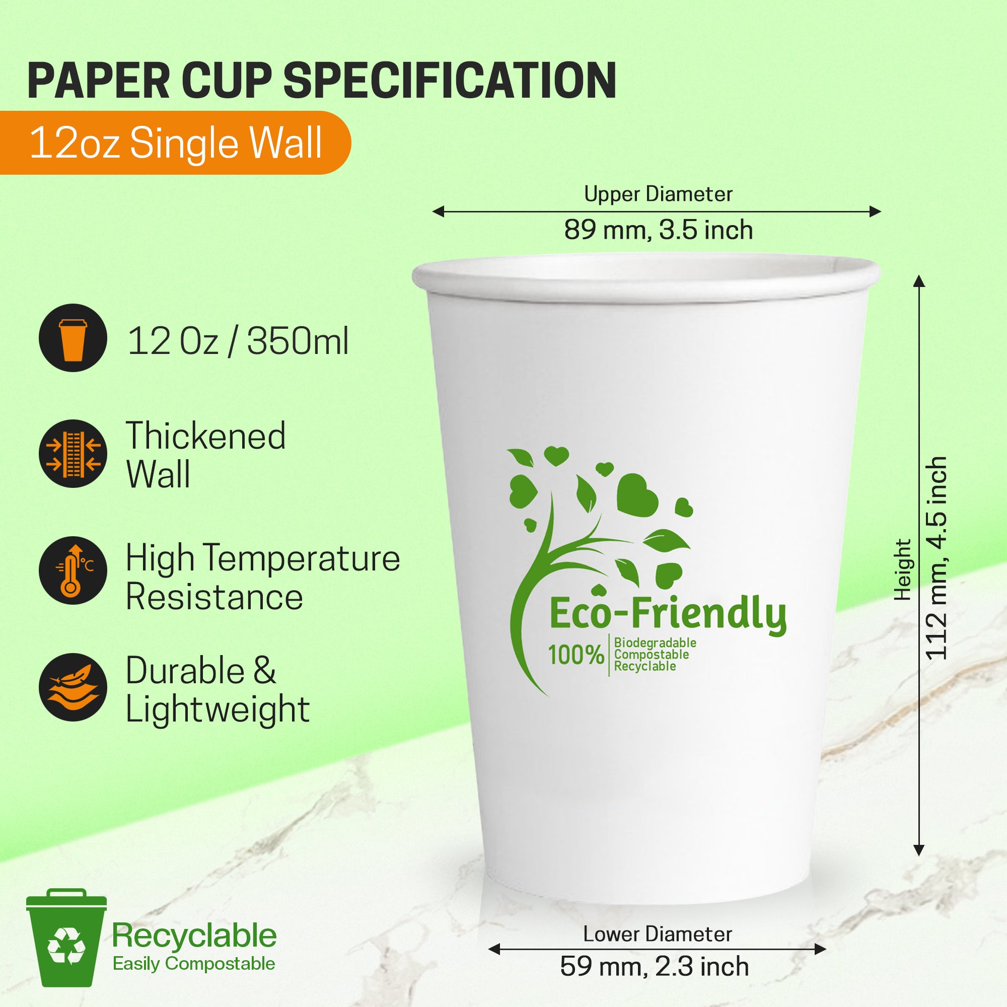 EcoEdge 12 Oz Disposable, Single Wall Paper Cups | 100% Natural (Pack of 1000)