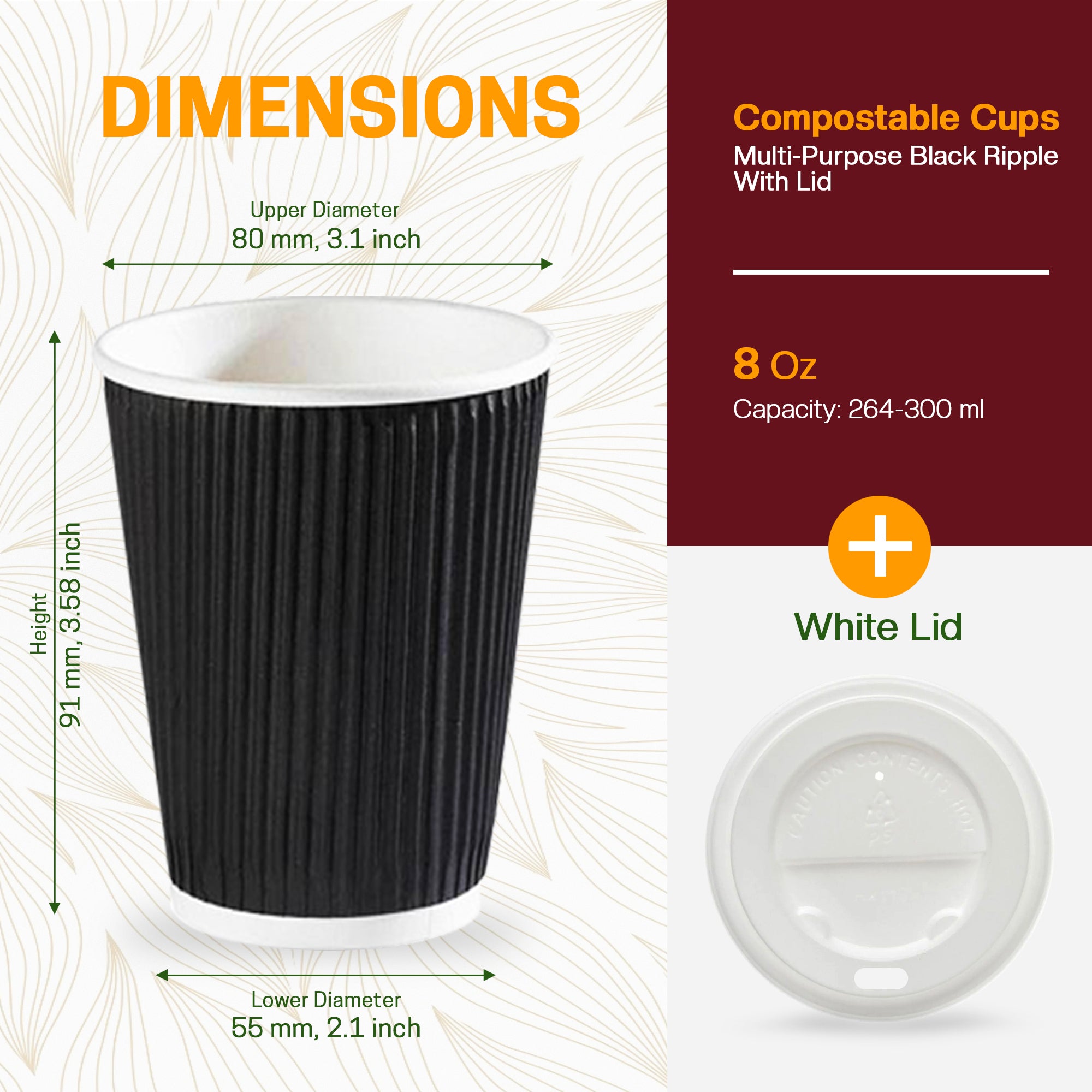 EcoEdge 8 Oz Disposable Heavy-Duty Black Ripple Cups | 100% Compostable