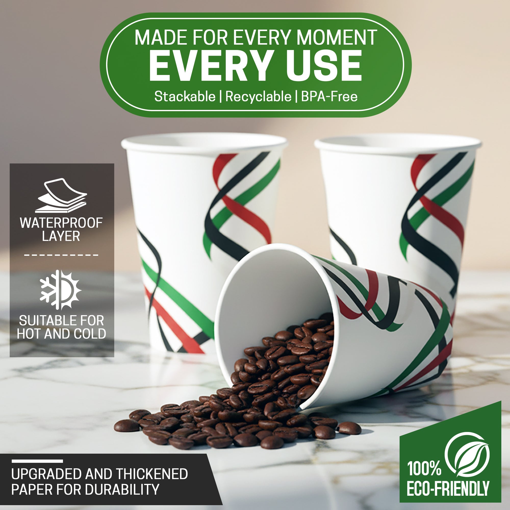 EcoEdge 8 Oz National Day Edition Heavy-Duty Paper Cups | Compostable, Durable & Plastic-Free