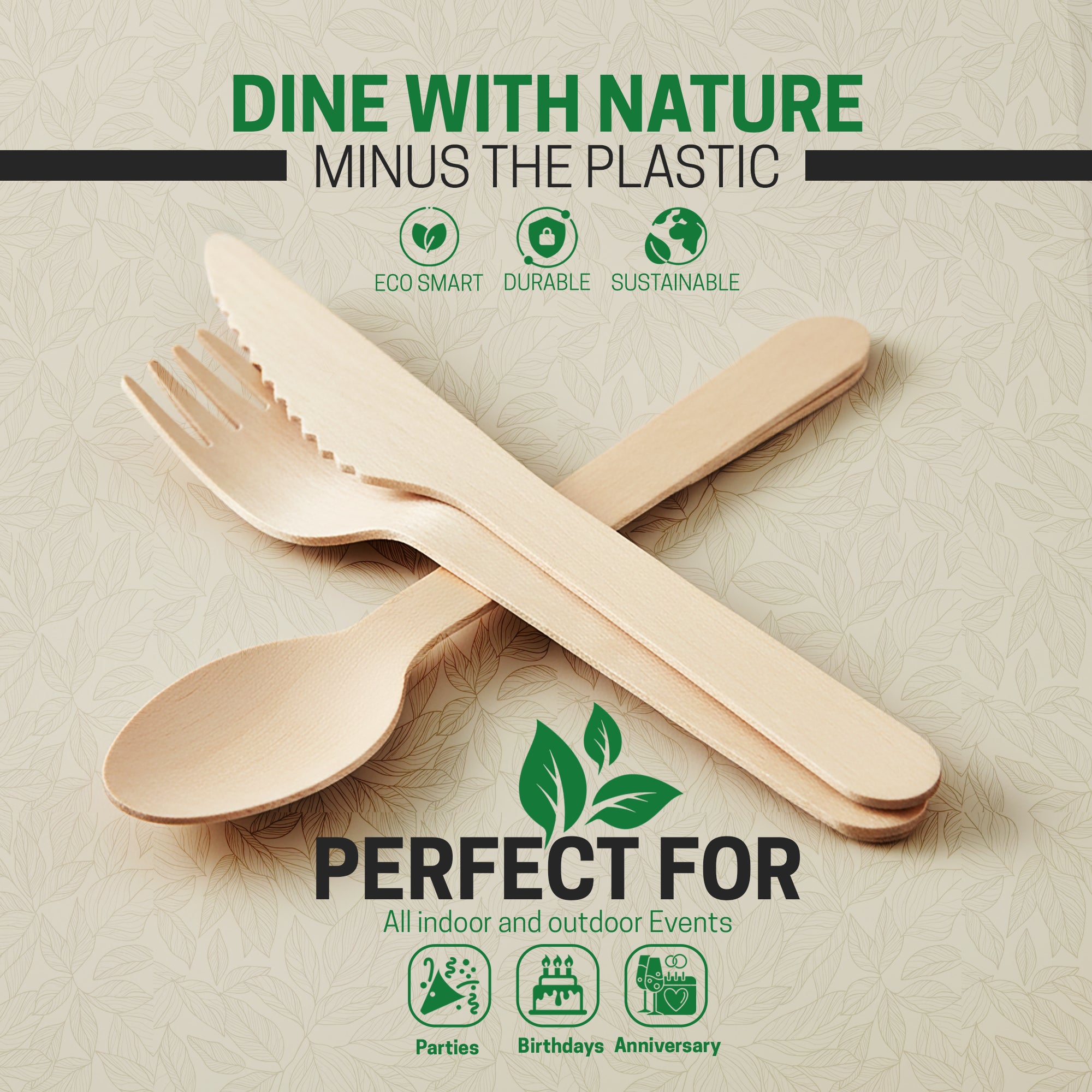 Eco Edge Wooden Cutlery Set | Spoon, Fork & Knife | Compostable & Plant-Based