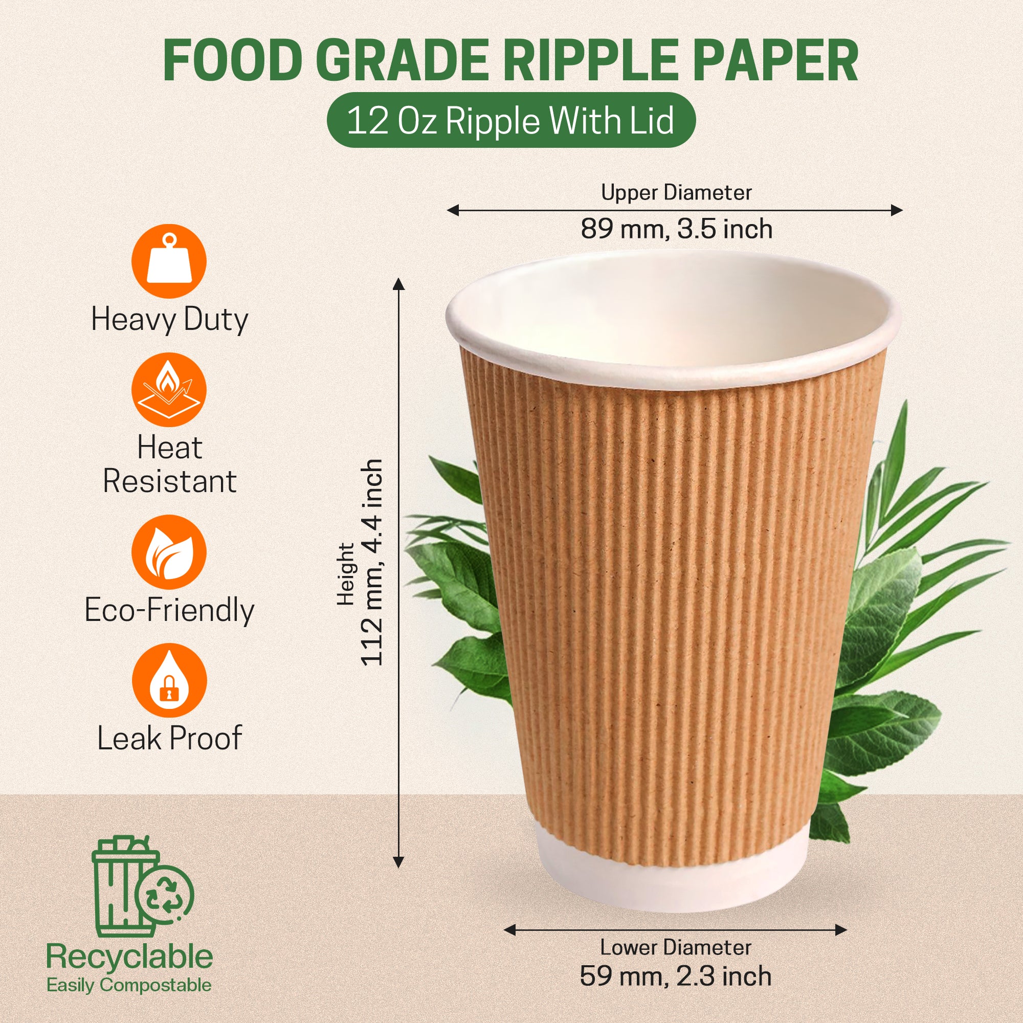 EcoEdge 12 Oz Disposable Heavy-Duty Insulated Ripple Party Paper Cups | 100% Natural