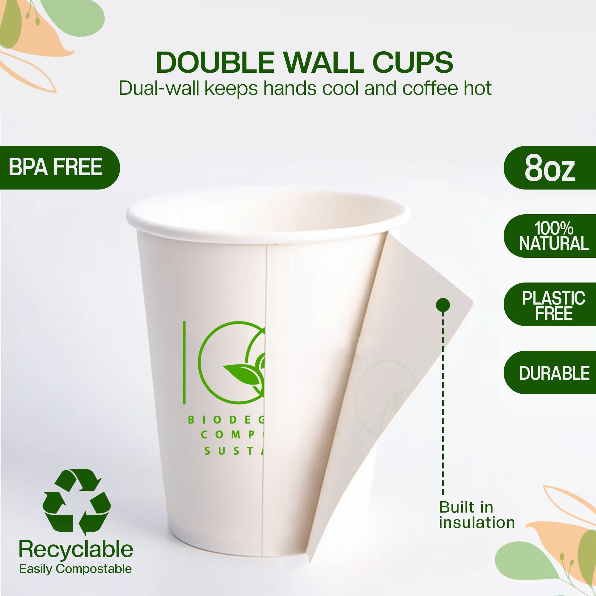 EcoEdge 8 Oz Disposable Double Wall Heavy-Duty Party Paper Cups | 100% Organic