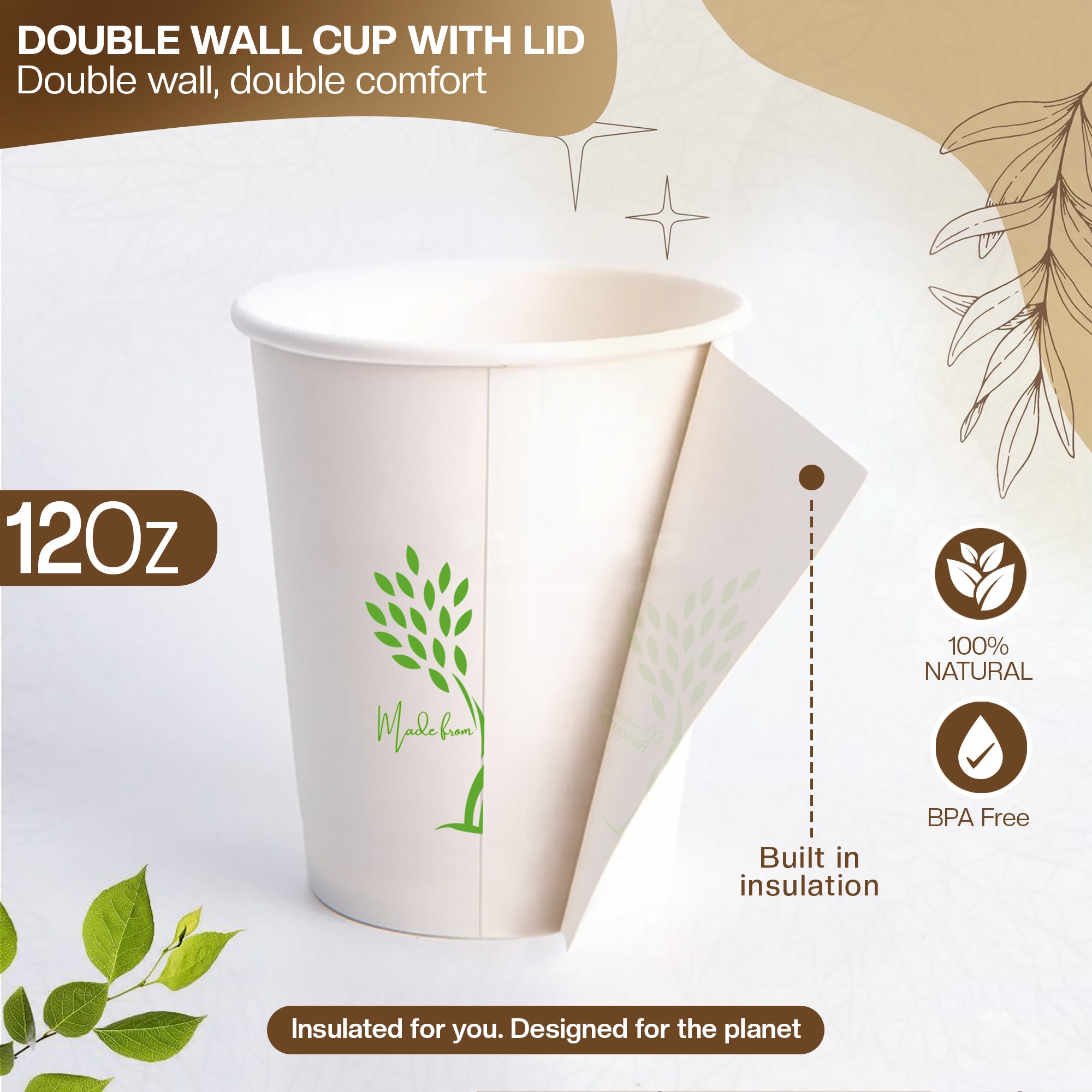 EcoEdge 12 Oz Disposable Heavy-Duty Insulated Party Paper Cups with Lid | 100% Organic
