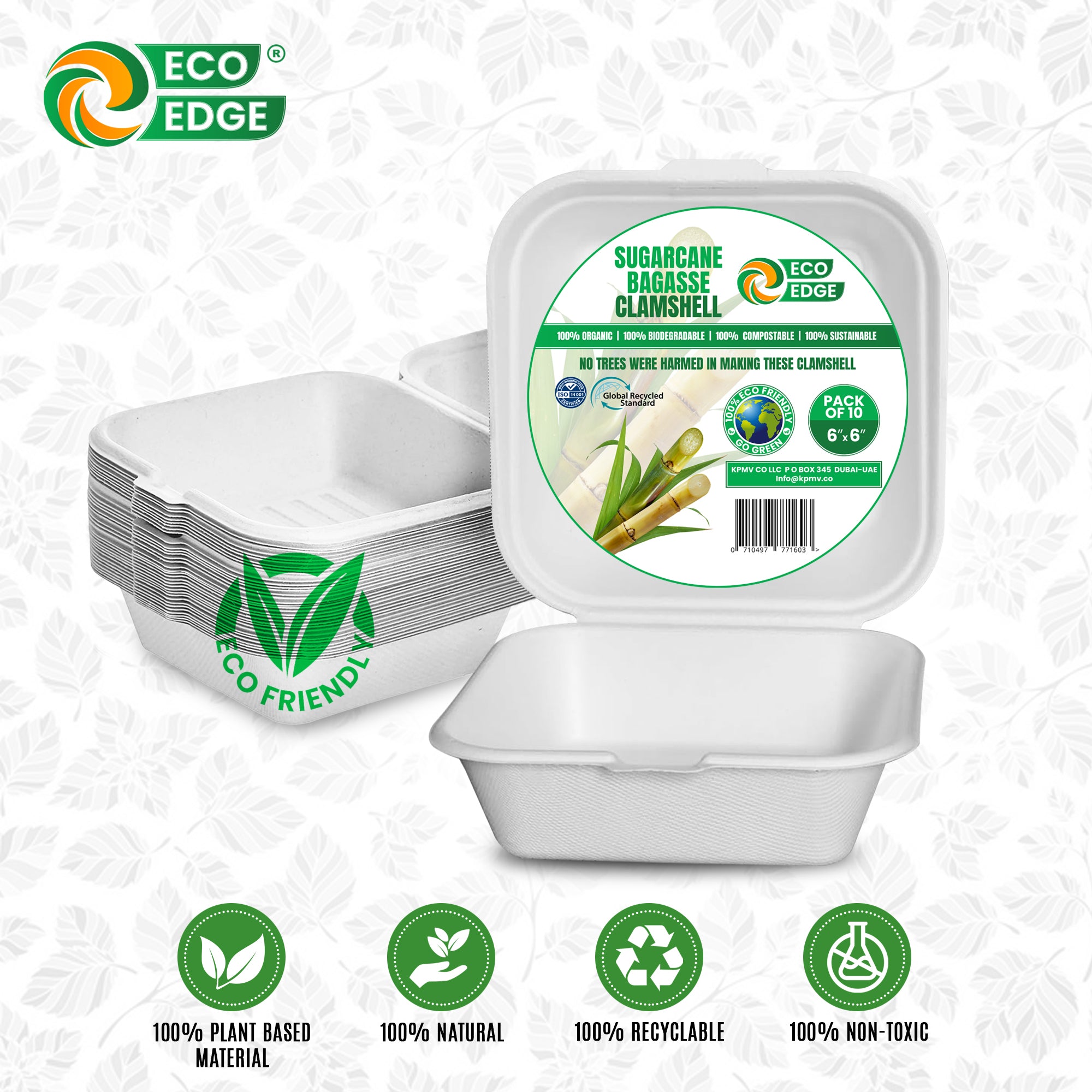 EcoEdge 6 Inch Square White Clamshell | 100% Organic