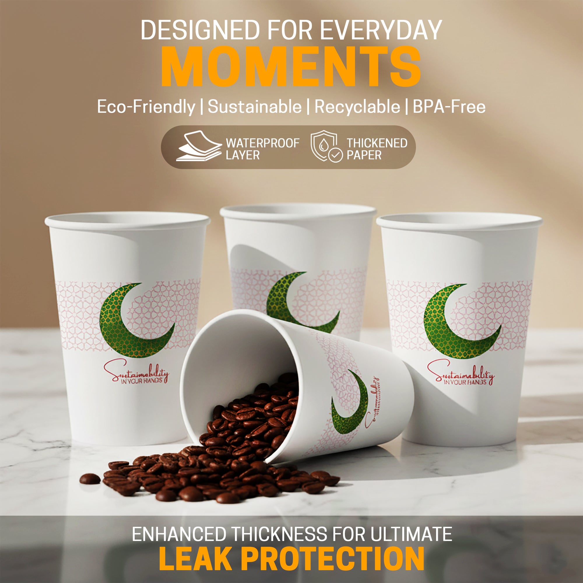EcoEdge 8 Oz Ramadan Edition Heavy-Duty Paper Cups | Leakproof, Compostable & Eco-Friendly (Pack of 1000)