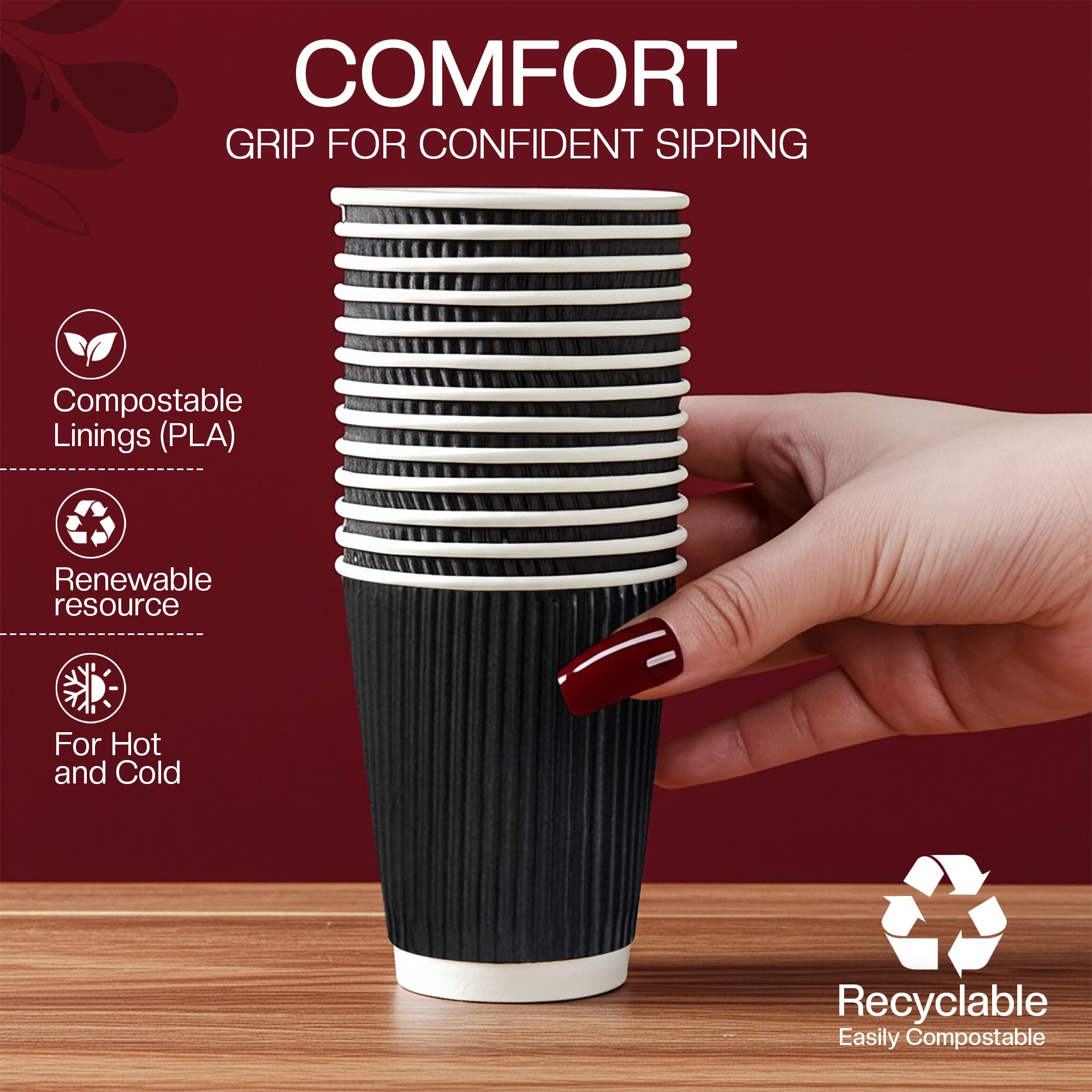 EcoEdge 8 Oz Disposable Heavy-Duty Black Ripple Cups | 100% Compostable