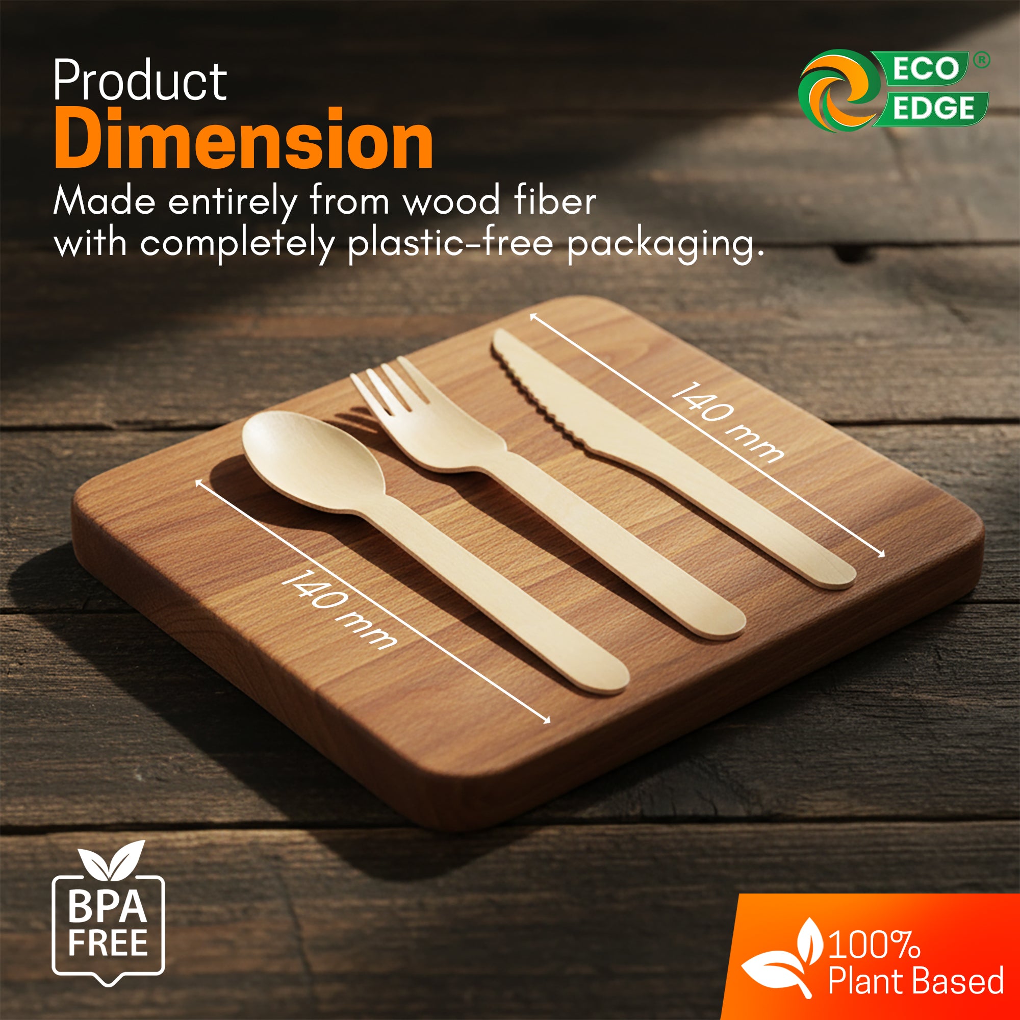 Eco Edge Wooden Cutlery Set | Spoon, Fork & Knife | Compostable & Plant-Based
