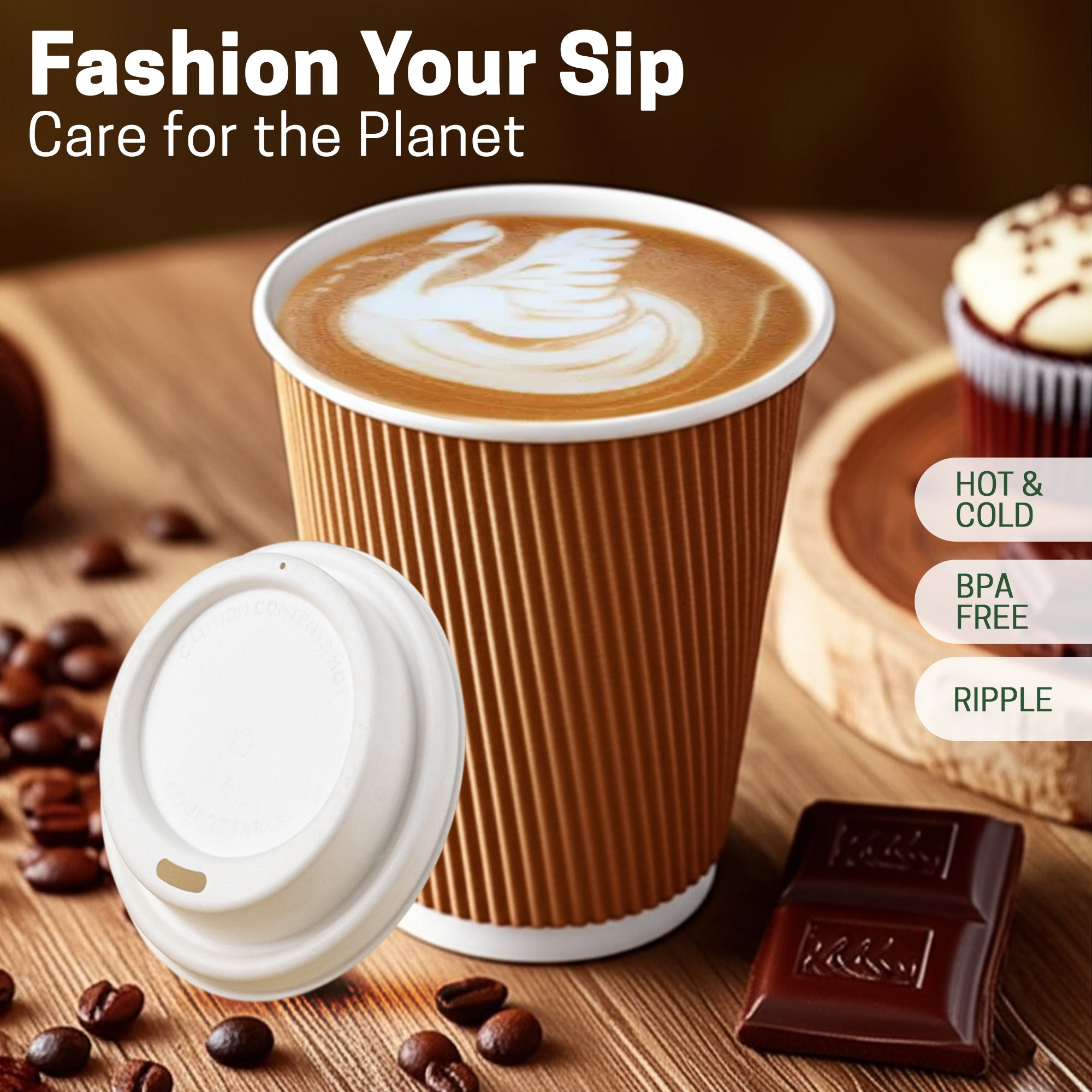 EcoEdge 8 Oz Brown Disposable Heavy-Duty, Triple Wall Ripple Party Paper Cups | 100% Organic