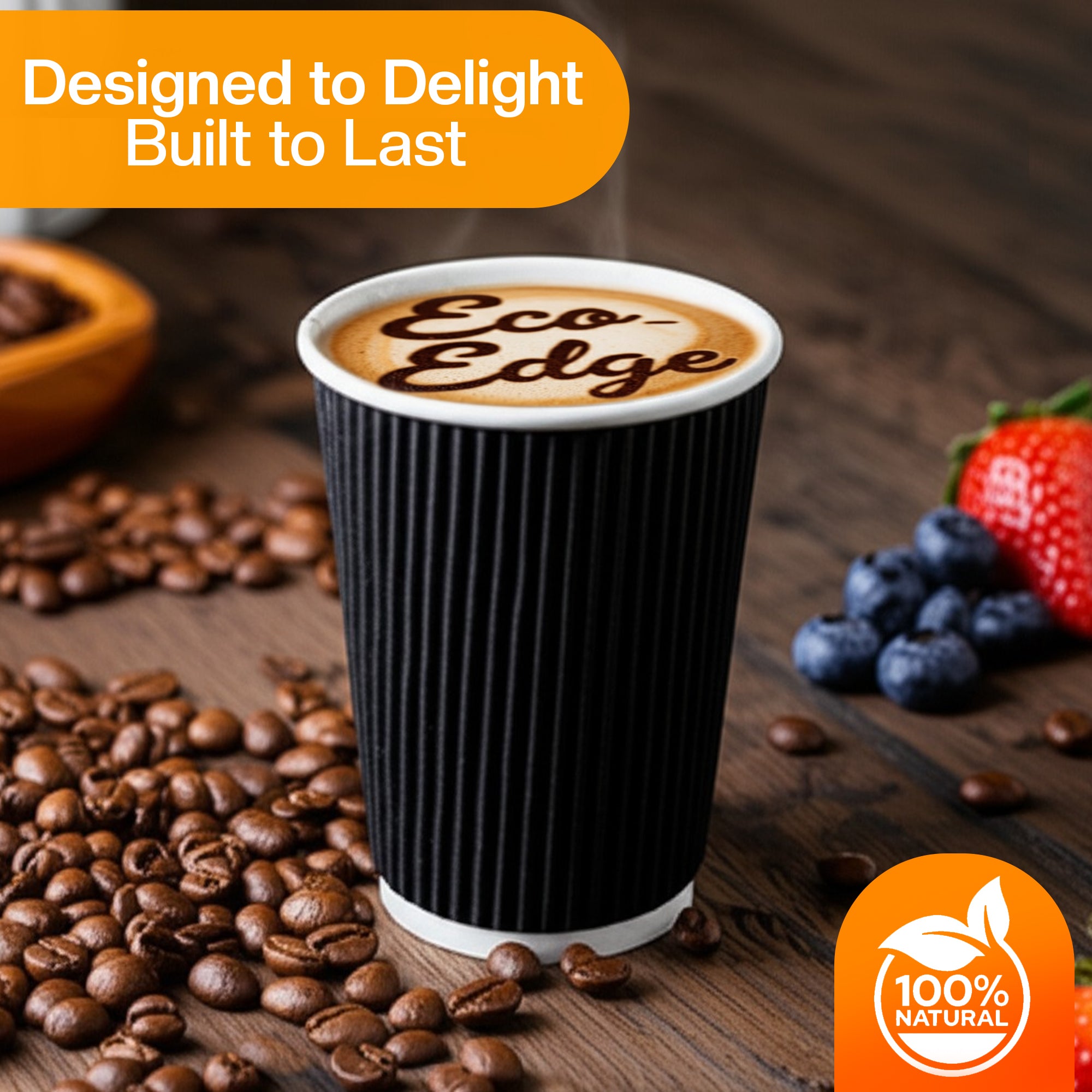 EcoEdge 8 Oz Disposable Heavy-Duty Black Ripple Cups | 100% Compostable (Pack of 300)