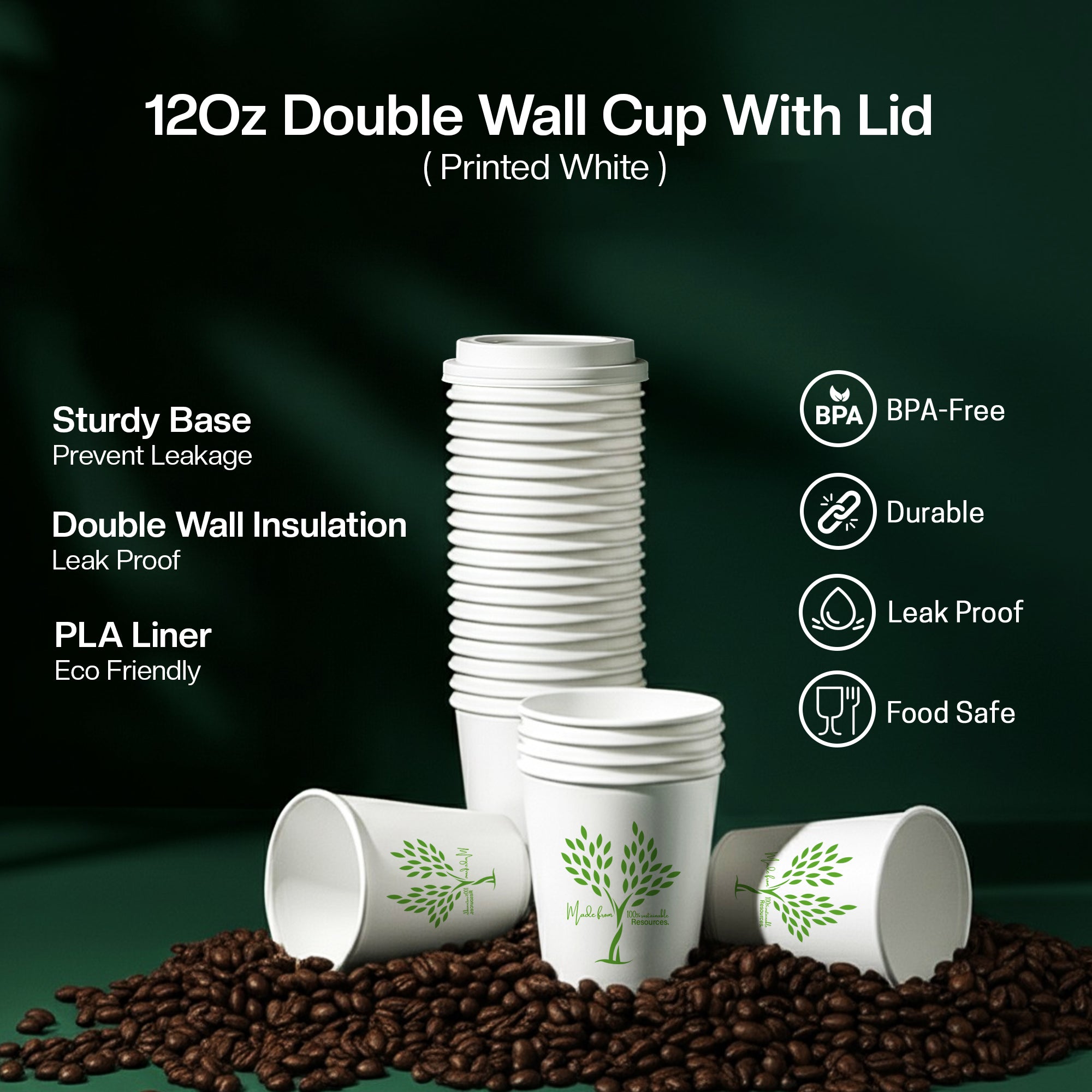 EcoEdge 12 Oz Disposable Heavy-Duty Insulated Party Paper Cups with Lid | 100% Organic