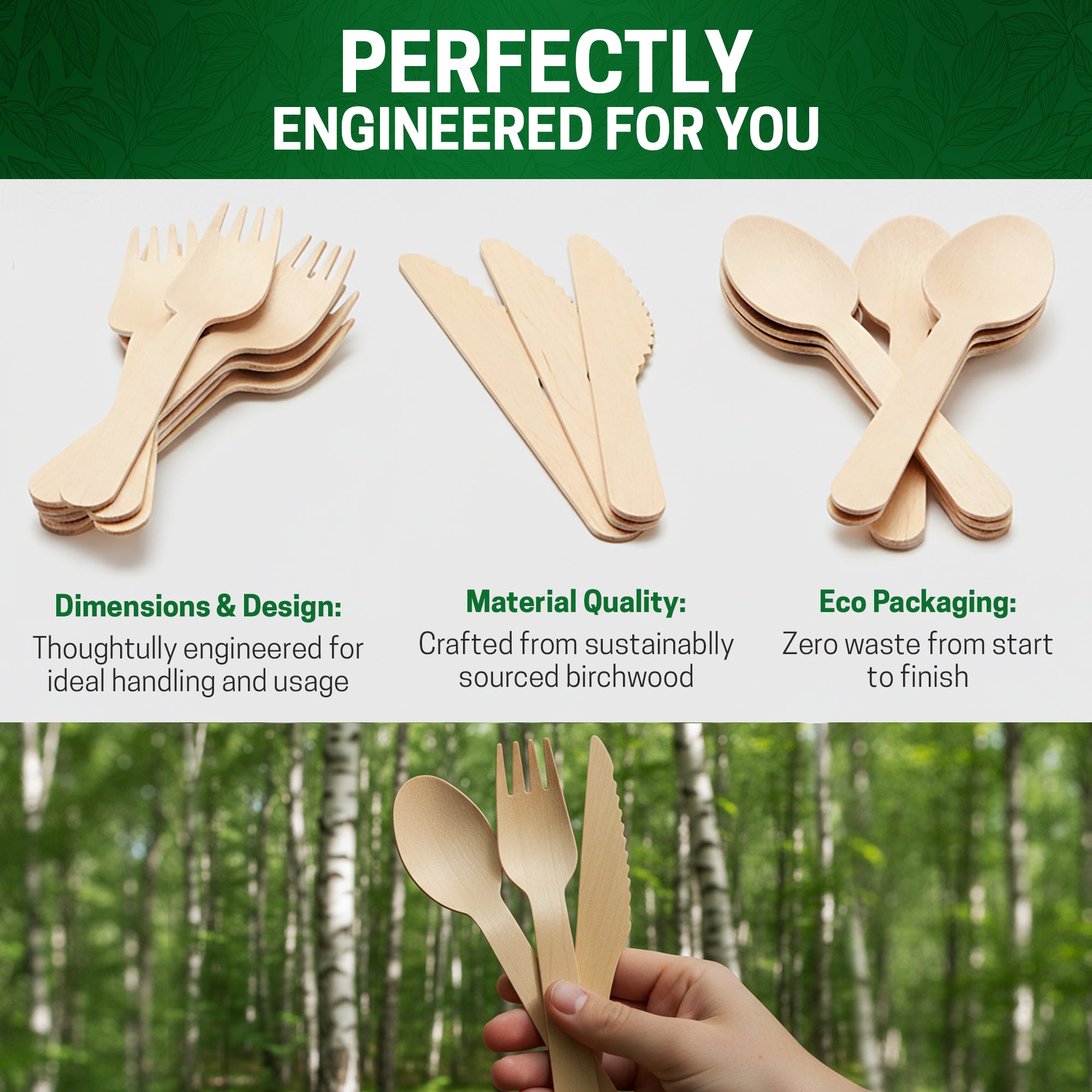 Eco Edge Wooden Cutlery Set | Spoon, Fork & Knife | Compostable & Plant-Based