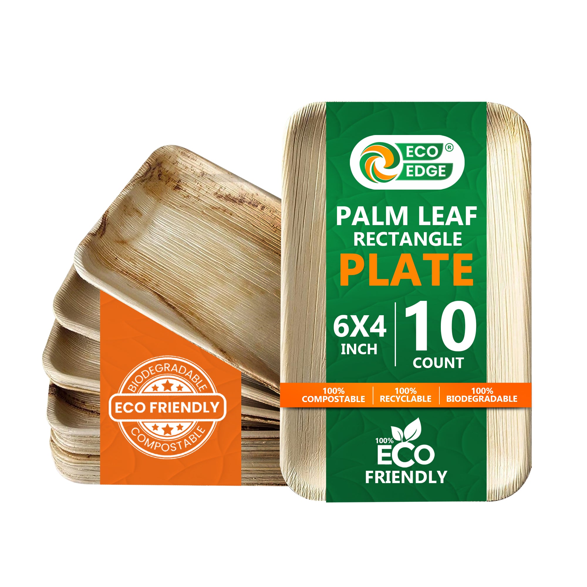EcoEdge 6x4 Inch Rectangle Areca Palm Leaf Plates | 100% Biodegradable