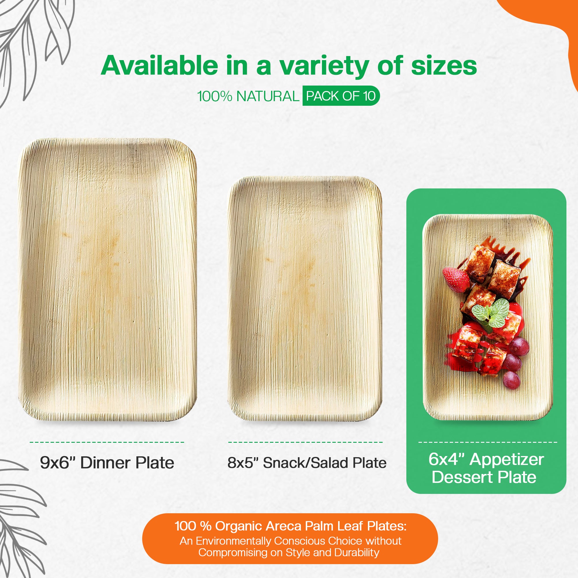 EcoEdge 6x4 Inch Rectangle Areca Palm Leaf Plates | 100% Biodegradable