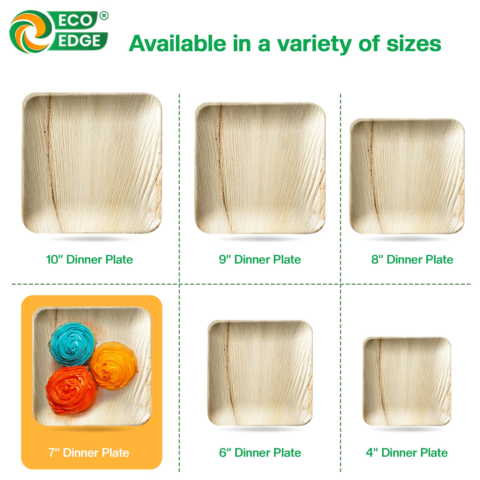 EcoEdge 7 Inch Areca Palm Leaf Square Plates | 100% Organic