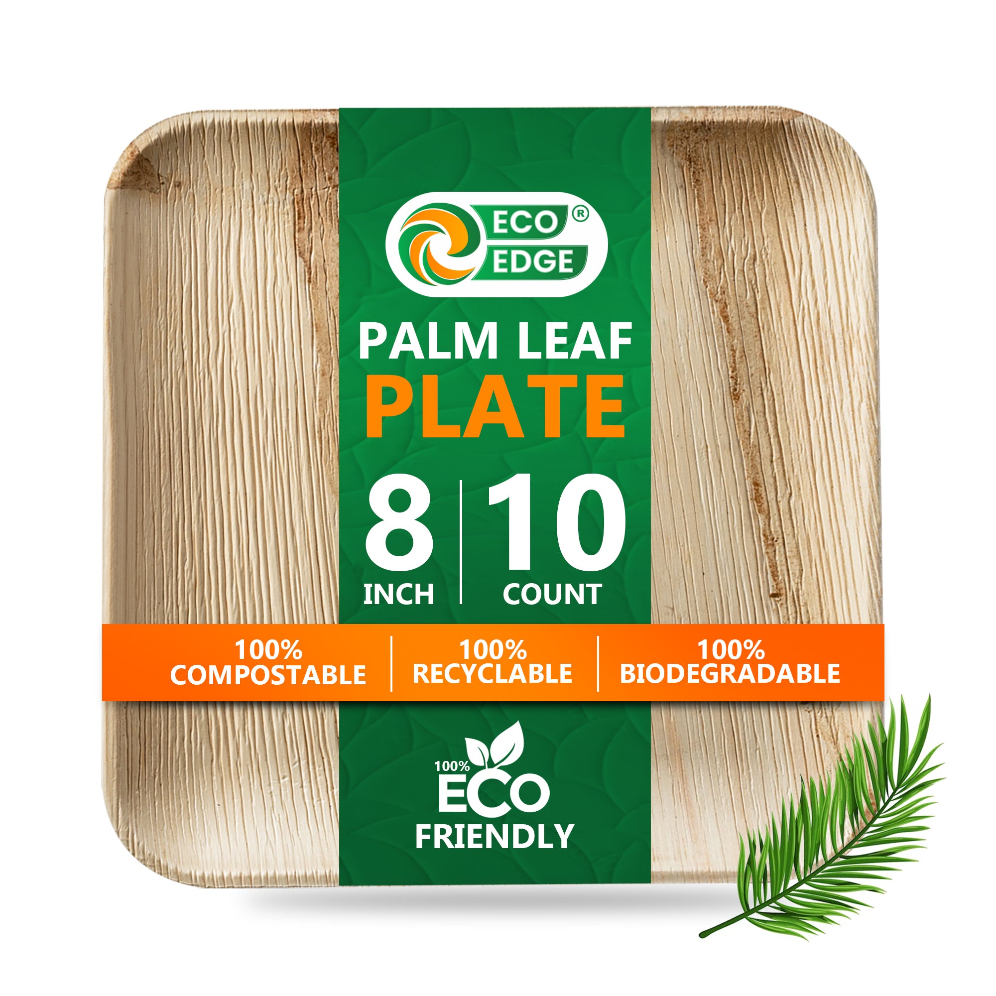 EcoEdge 8 Inch Areca Palm Leaf Square Plates | 100% Biodegradable