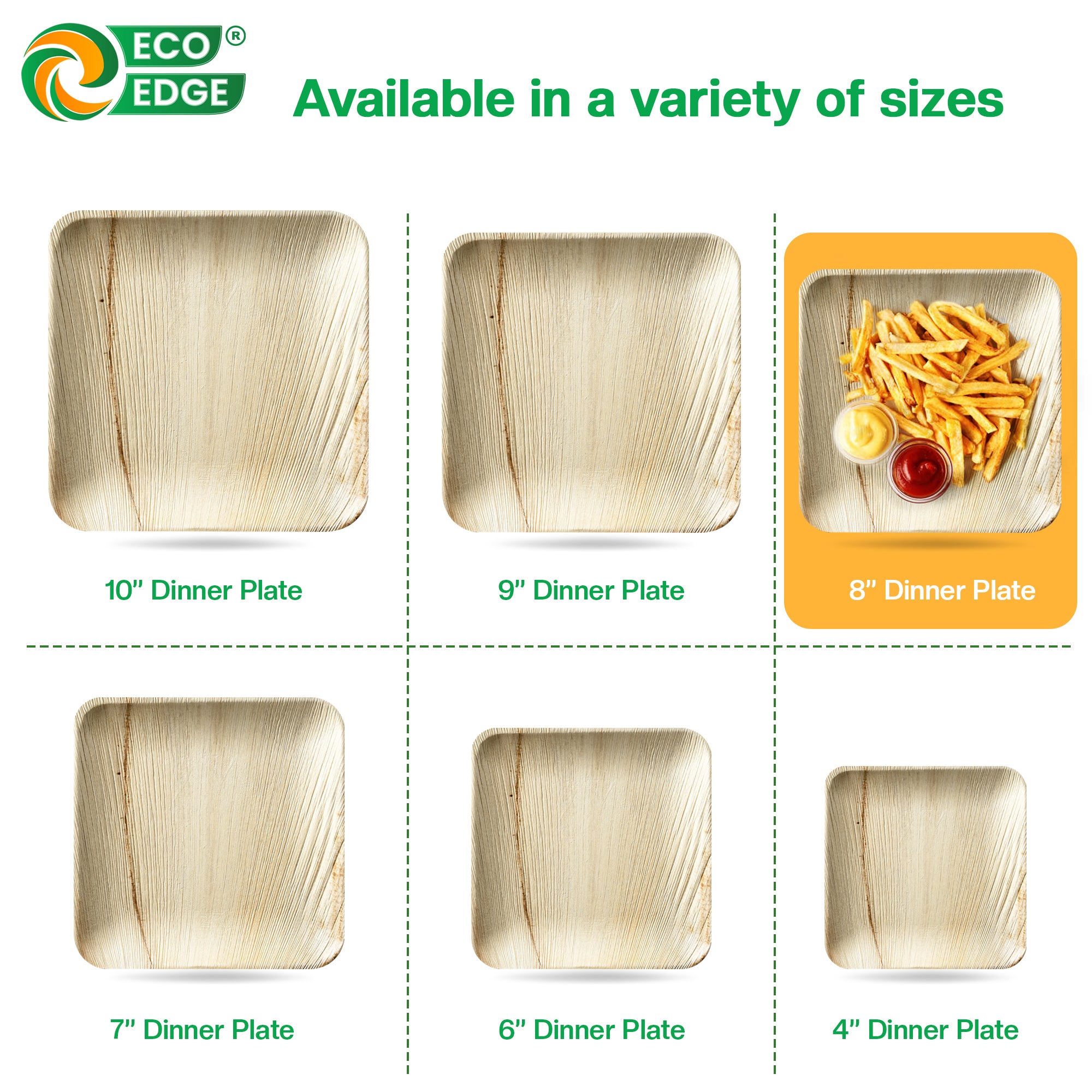 EcoEdge 8 Inch Areca Palm Leaf Square Plates | 100% Biodegradable