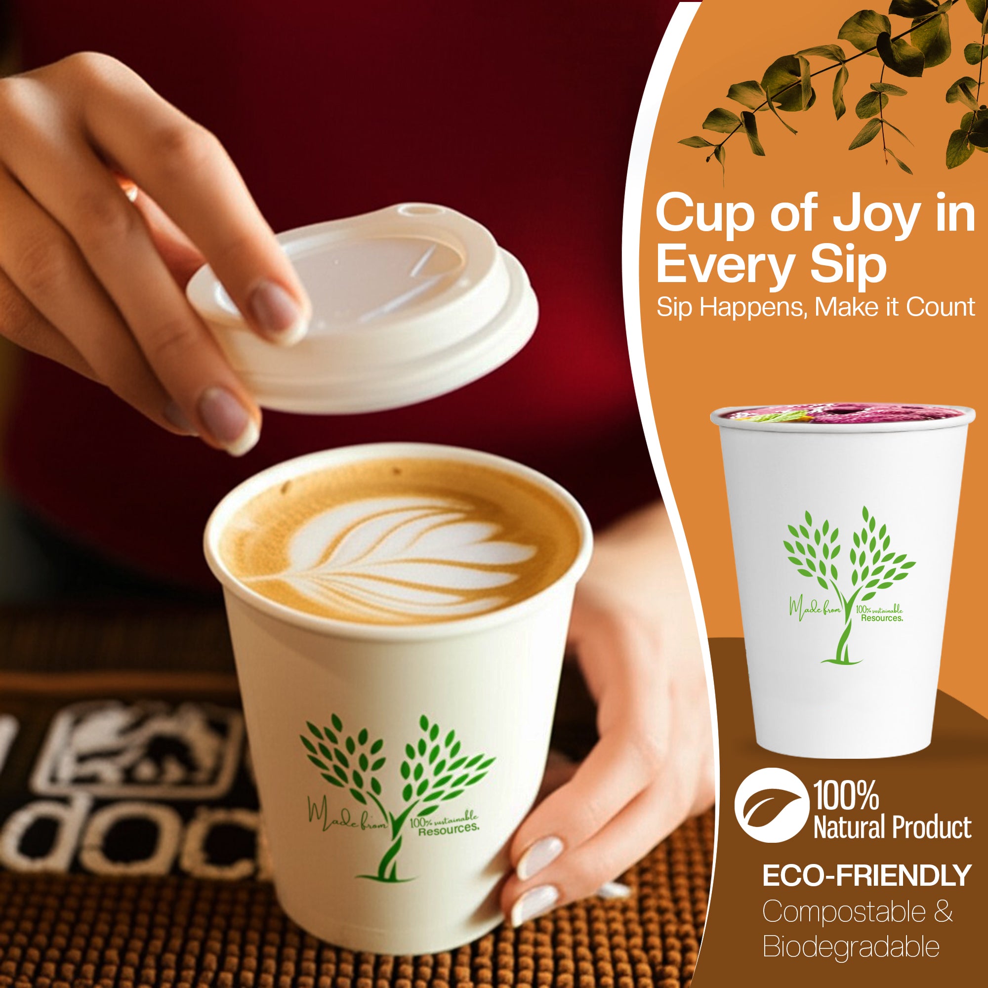 EcoEdge 12 Oz Disposable Heavy-Duty Insulated Party Paper Cups with Lid | 100% Organic