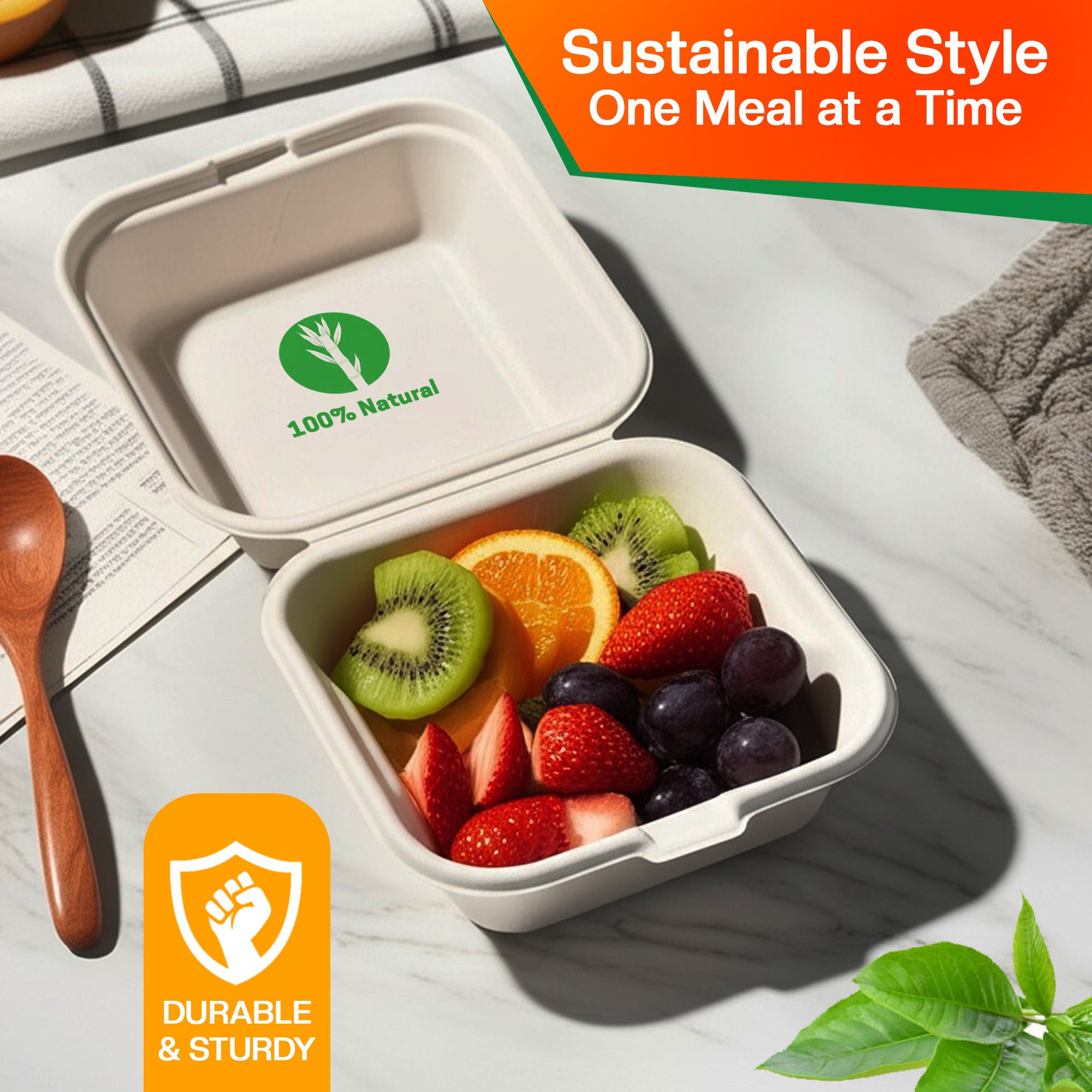 EcoEdge 6 Inch Square White Clamshell | 100% Organic