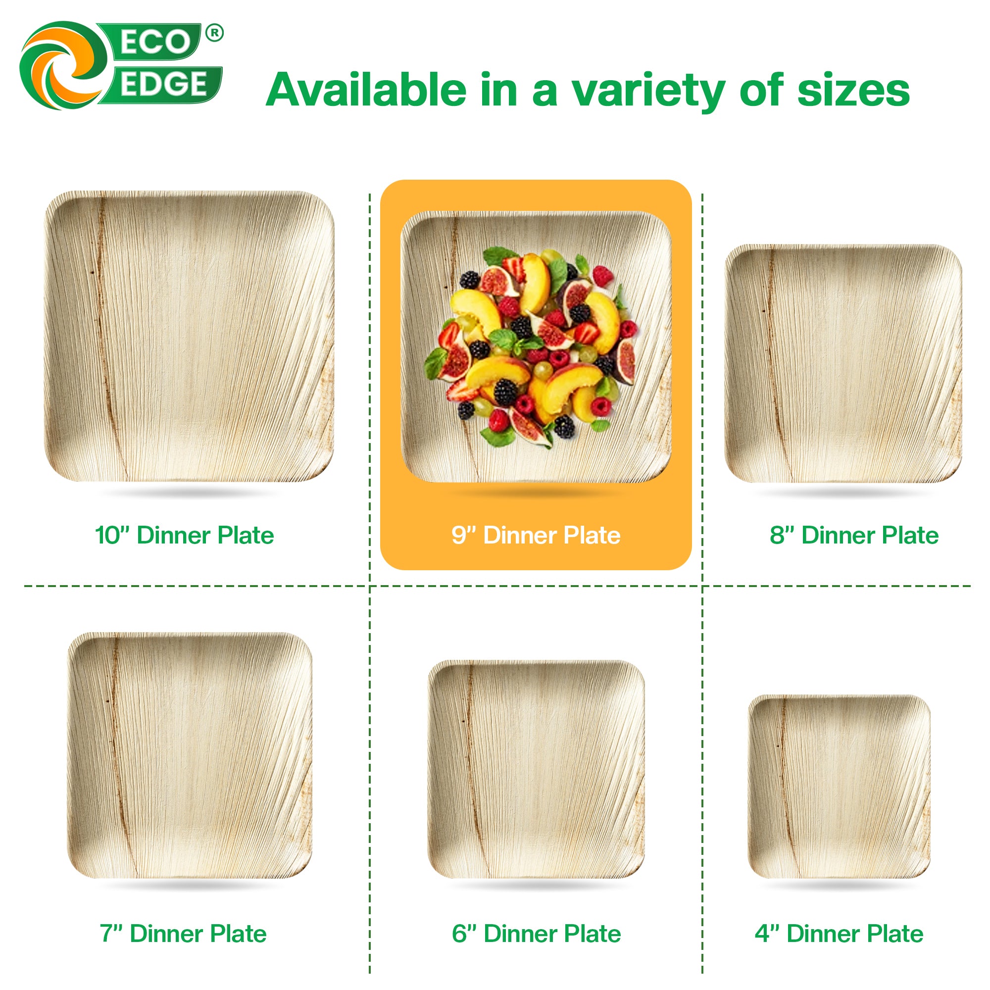 EcoEdge 9 Inch Areca Palm Leaf Square Plates | 100% Compostable